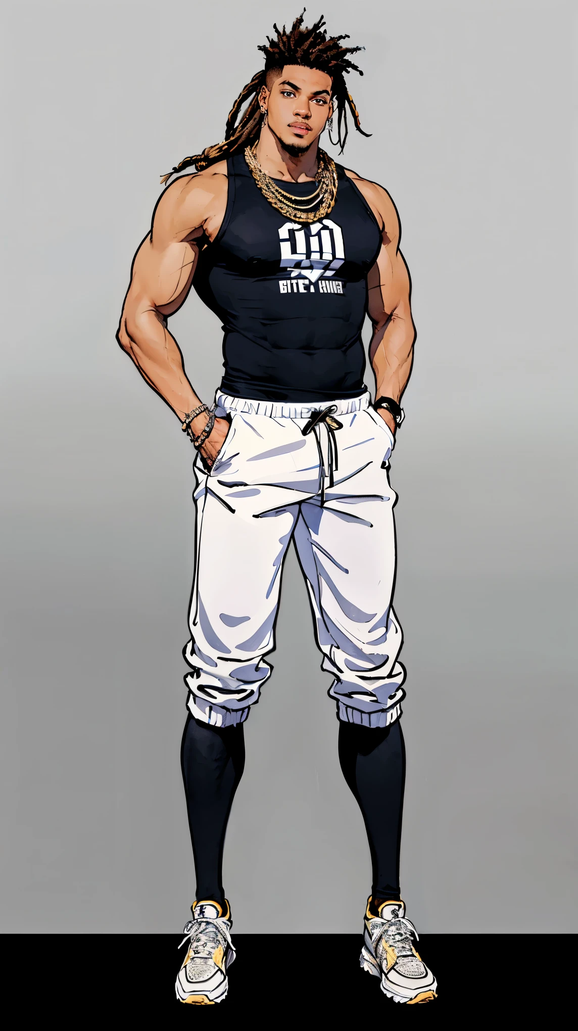 ((best quality,4k,highres,masterpiece:1.2)),((character concept art)), 1 male, 19-year-old African-American exchange student from U.S., college league player, American Football, Running Back position, athlete, athletic body, tall, broad shoulders, broad chest, very strong arms and legs, very muscular, dreadlock hairstyle, womanizer,  goer, arrogant, extrovert, famous for having bbc, wearing hip-hop style clothing, gold chain necklace, diamond stud earring, stylish sneakers, confident smirk, intense gaze, (standing confidently), (full body showcase), (show full body), (no logos on background), (no logo), ((plain background)), ((plain background)), (((empty background))