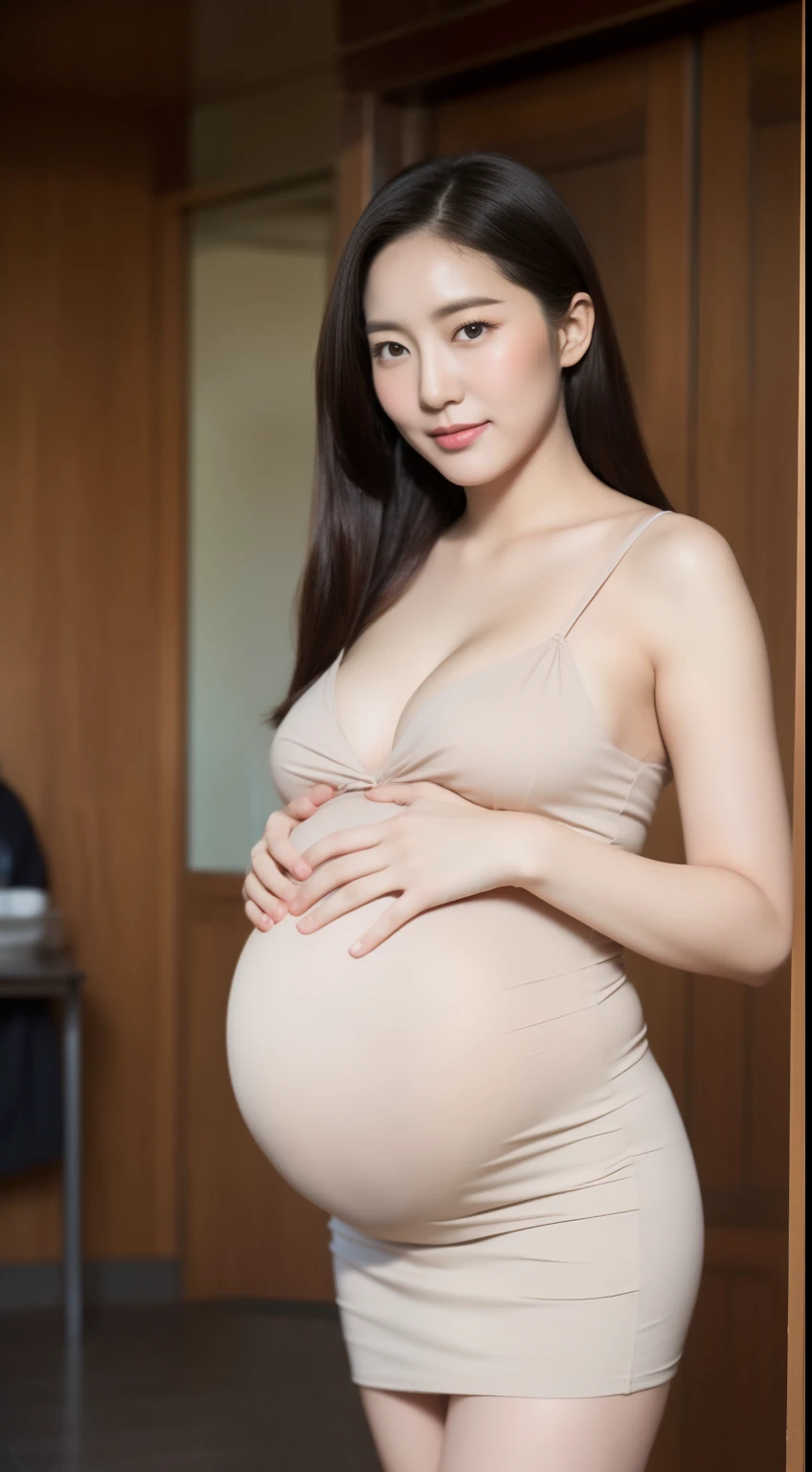 photograph of-realistic (1 Korean royal sister star) hair slicked back, White skin, thin makeup, 32 inch breast size, A slight smil, Large skeleton，Wearing a gray patterned slip dress，Stand in front of the cabin, panoramic lens, hyper HD，Cocked buttocks，black lence stockings, early pregnant (small stomach) 