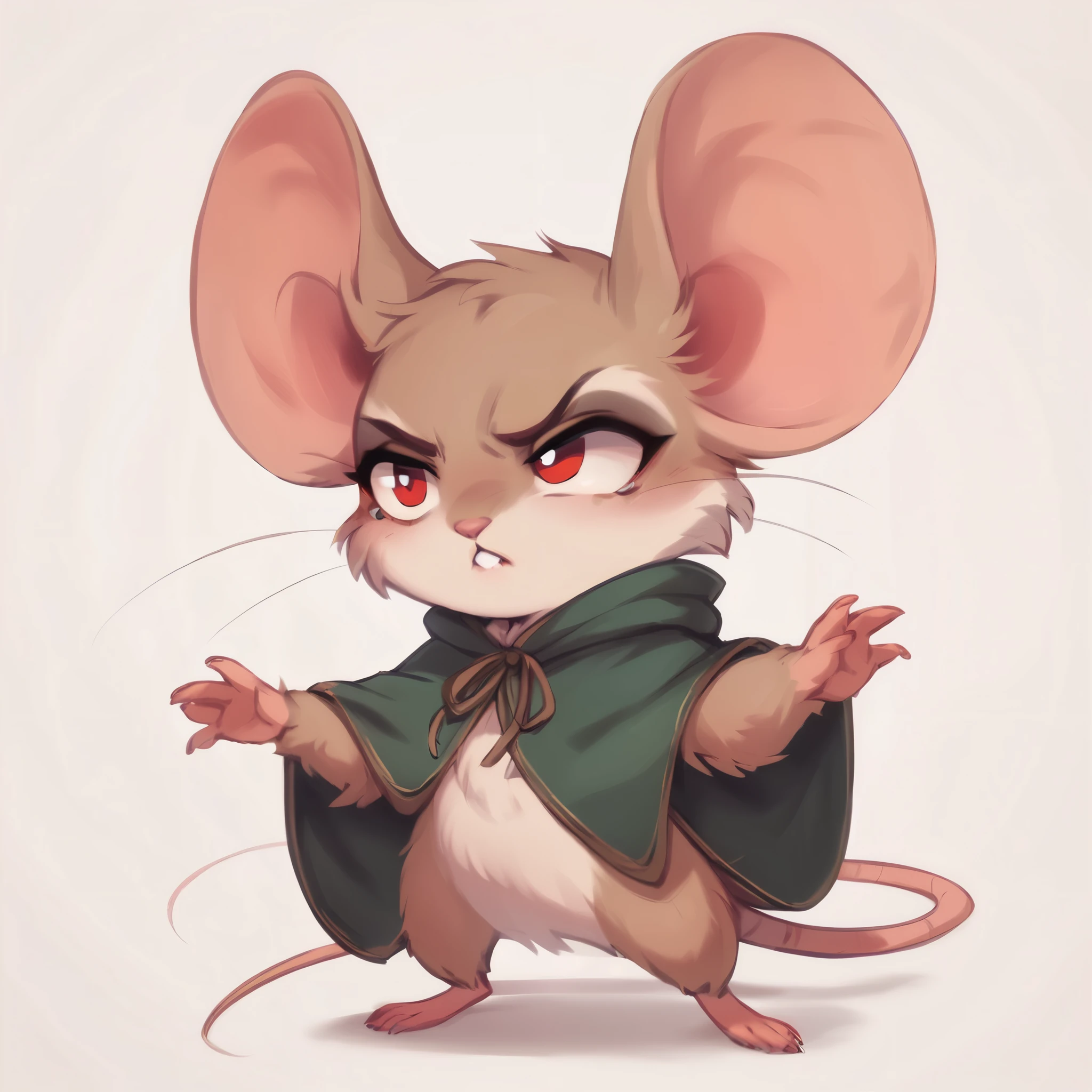 score_9, score_8_up, score_7_up, score_6_up, score_5_up, score_4_up, show accurate, full body, hungry body, simple background, (solo), (semi anthro), mouse, female mouse, fur body, ultra fine fur, standing, red eyes, ((light brown dull fur)), determined look, hairless, bald, black color open cape, hood on,