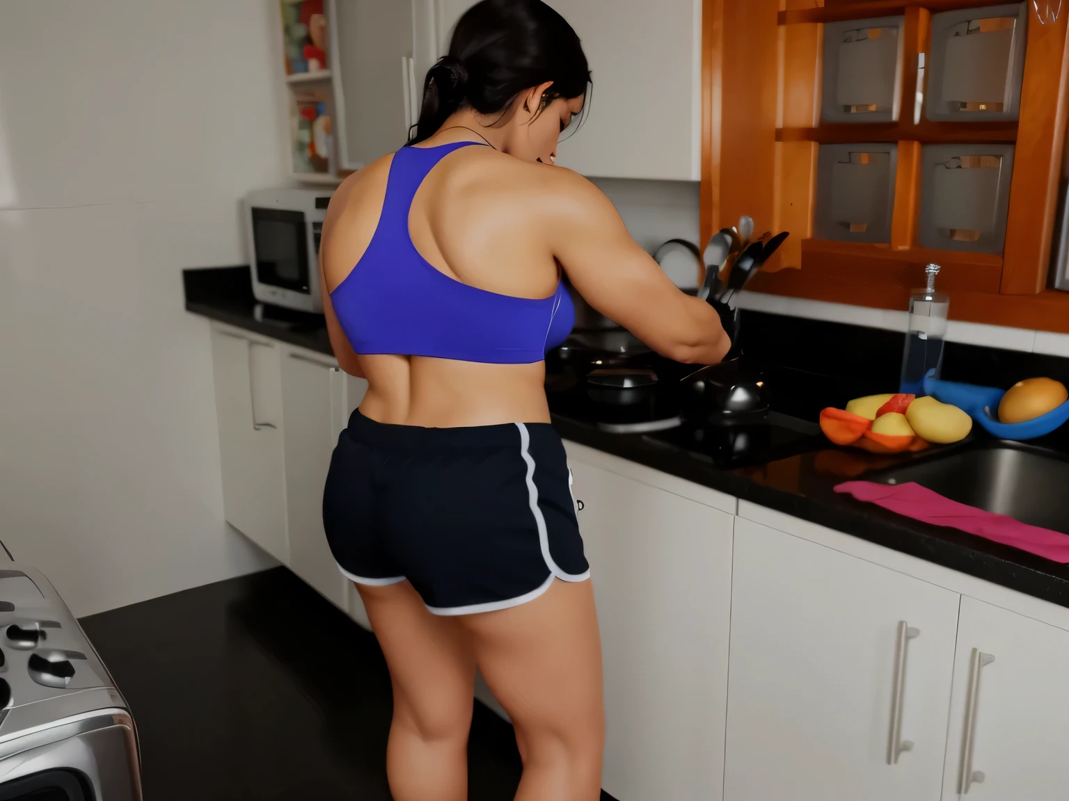 there is a woman in a blue blouse and black shorts cooking, sports bra and dark blue shorts, cooking, bra and sports shorts, in the kitchen, in shorts, side photo, cooking, rear shot, working out, the extremely hot and sexy, toned behind, fit photo, back photo, in a kitchen, seen from the back, fitness. Woman with tanned white skin and dark hair. She is about 35 years old. His slightly plump lips, his dark brown eyes. Slim body. Thin waist. Her body is perfect and her face is the definition of beauty. Highly realistic, beautiful, soft lips, pink lipstick, feeling of lightness and joy, hyperrealism, very elaborate skin, woman in good physical shape, good physical shape. Full body photo, clear photo, fitness woman, high quality, high resolution, masterpiece, 8K.