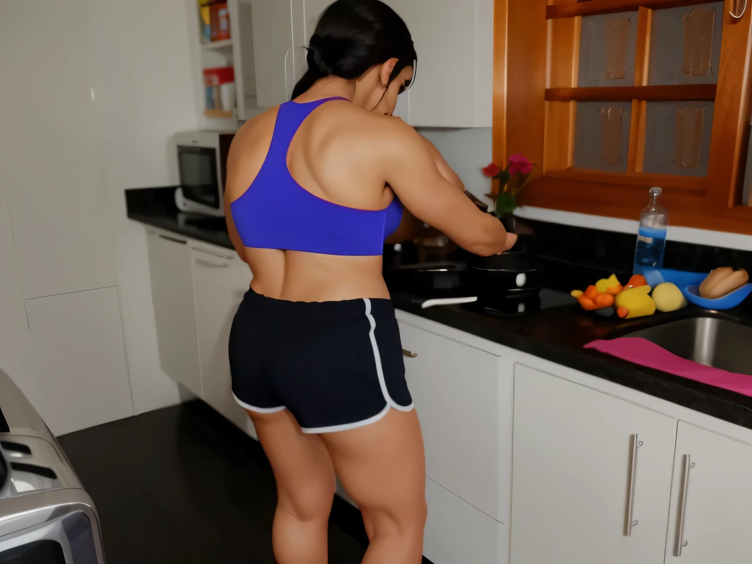 there is a woman in a blue blouse and black shorts cooking, sports bra and dark blue shorts, cooking, bra and sports shorts, in the kitchen, in shorts, side photo, cooking, rear shot, working out, the extremely hot and , toned behind, fit photo, back photo, in a kitchen, seen from the back, fitness. Woman with tanned white skin and dark hair. She is about 35 years old. His slightly plump lips, his dark brown eyes. Slim body. Thin waist. Her body is perfect and her face is the definition of beauty. Highly realistic, beautiful, soft lips, pink lipstick, feeling of lightness and joy, hyperrealism, very elaborate skin, woman in good physical shape, good physical shape. Full body photo, clear photo, fitness woman, high quality, high resolution, masterpiece, 8K.