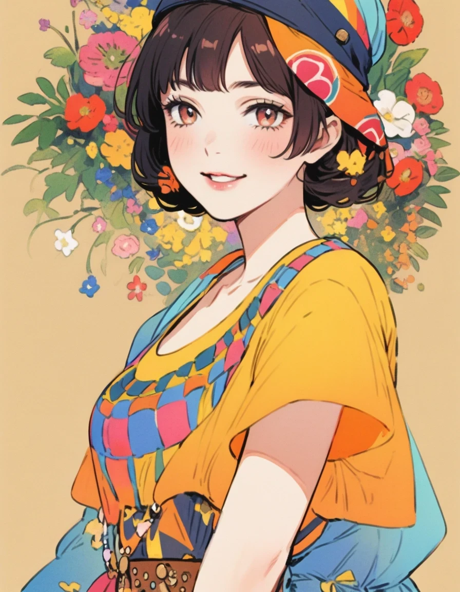 in style of Hippie fashion design , black hair,Blue and orange,Fashion,model,portrait