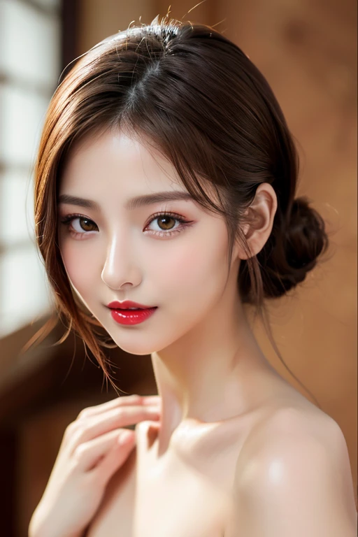 (highest quality、table top、8K、best image quality、Award-winning work)、(one young girl, 14 years old:1.3)、(red eyeshadow:1.2)、perfect makeup、long eyelashes、Super high-definition sparkling eyes、ultra high definition hair、ultra high resolution glossy lips、Super high resolution perfect teeth、Super high resolution cute face、brown hair、ponytail:1.5)、look at me and smile、[clavicle]、accurate anatomy、Luxury love hotel、(The most moody warm lighting:1.2)、blurred background、Super high-resolution glossy and moisturized face、Super high resolution glowing skin、most detailed face、Ultra high resolution detailed faces、ultra high resolution hair、Super high resolution sparkling eyes、Beautiful face drawn in every detail、Super high resolution glossy red lips、(((Naked 1.5)))、(((full nude 1.5)))、