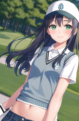 best quality, detailed, solo, looking at viewer, knitted cap, girl, denim, long hair, smile, blush, green eyes, wind, outdoors, t-shirt, sweater vest, golf, holding  golf club, golf club, navel