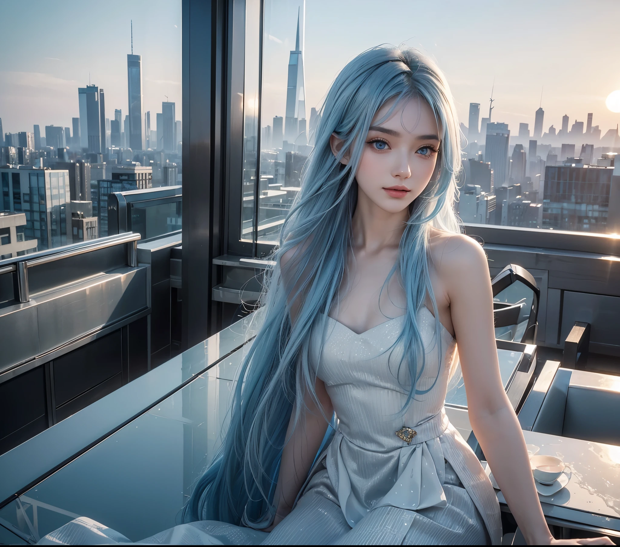High quality, 8k, masterpiece:1.3, (a most beautiful girl), (medium long hair),very detailed face, fine eyes, Gentle smile, (light pale blue hair), (very elegant and futuristic fashion),at a café on the rooftop of a skyscraper,Alone,Urban sunset from the rooftop of a Megacity skyscraper