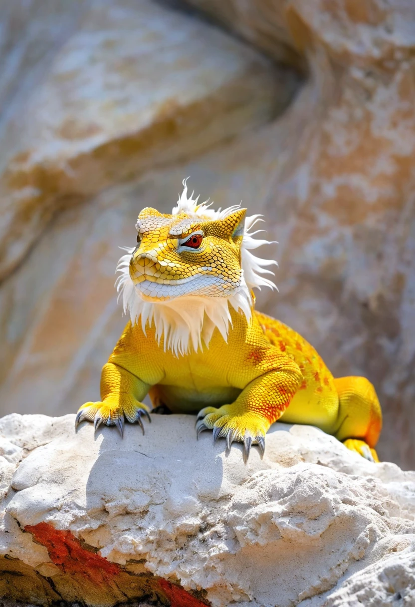 une chimère a tête de lion de sable avec un corps de lézard a écailles multicolores Muni d ailles de plumes blanches se tient debout sur un rocher en lévitation. 