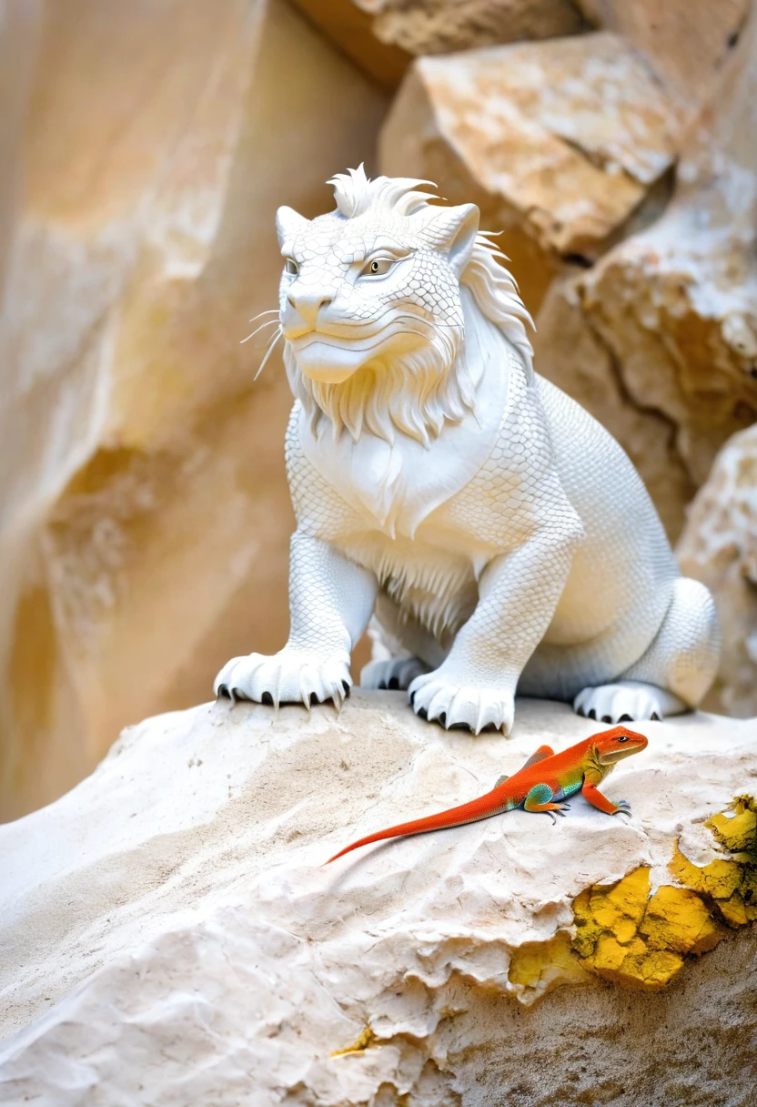 une chimère a tête de lion de sable avec un corps de lézard a écailles multicolores Muni d ailles de plumes blanches se tient debout sur un rocher en lévitation. 