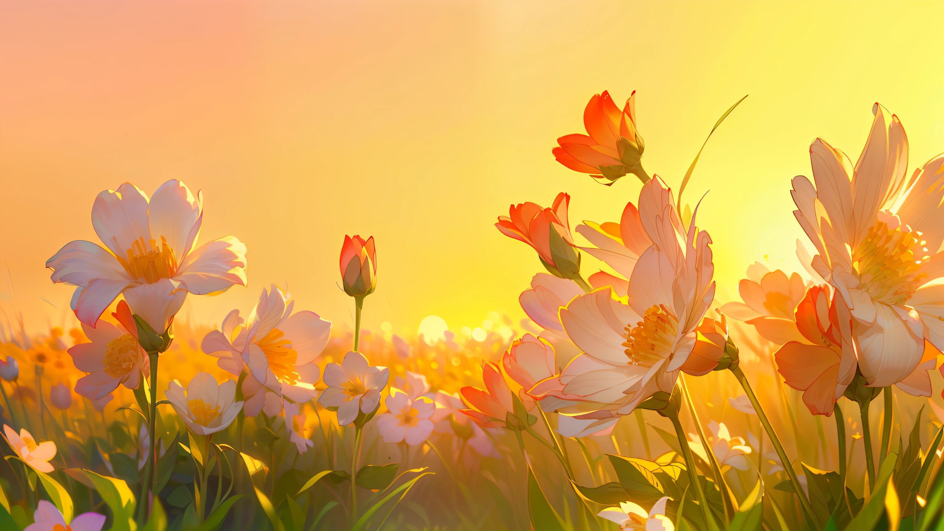 T Bokeh, Depth of Field, HDR, Bloom, Chromatic Aberration, and Intricat (illustration: 1.0), epic composition, realistic lighting, HD details, masterpiece, best quality, (very detailed CG unified 8k wallpaper), (((no people))), sunset, big flowers and grass, macro