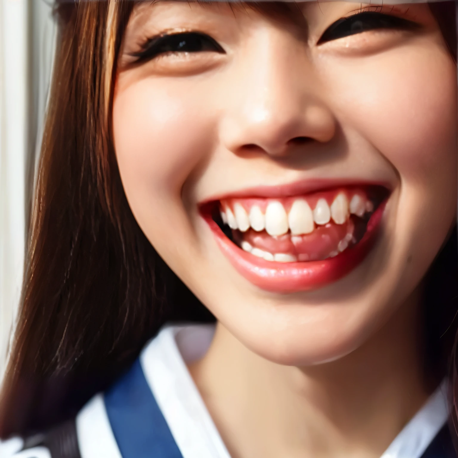 Smiling Asian girl with pink tongue out of her mouth, cute smile, cute teeth, Mouth is simple and fun, beautiful japanese girls face, bite your lip, smile gently, A big smile, seifuku, cute smile, japanese teen portrait, Wearing Japanese , A big smile, japanese girl , cute seductive smile, very big smile