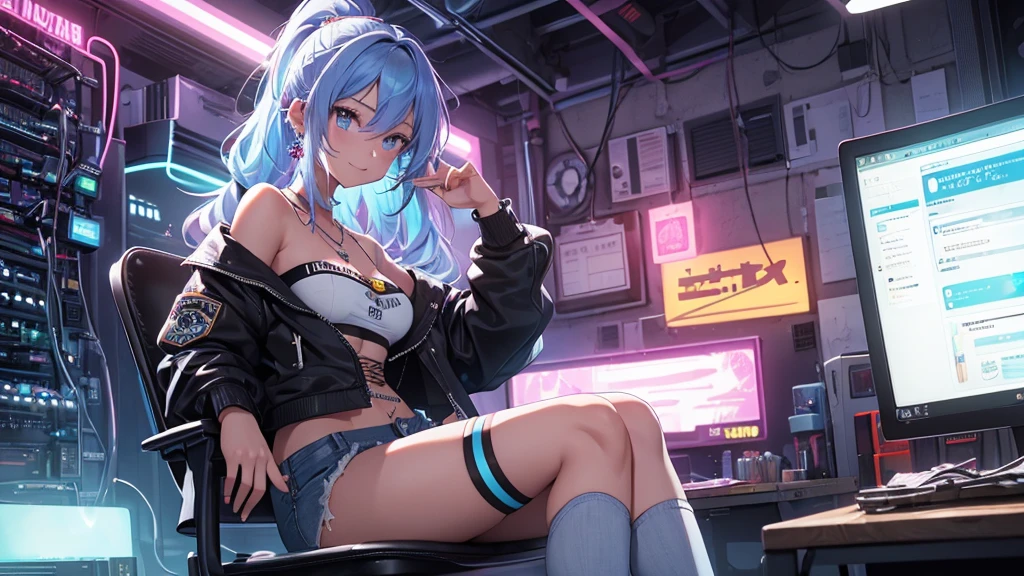 highest quality, Best image quality, girl, 20 years old, medium bust, Big breasts, sparkling tea eyes, rainbow hair, long hair, Wavy, High ponytail, ((Black short Strapless tube top)), distressed denim jacket, (distressed denim shorts), ((Thigh socks)), Smile, Hand tattoo, Diamond earrings, wristband, necklace, sit on the chair, There is an electric guitar, Guitar Playing, Leaning forward, Open one shoulder, elated, beautiful art, background((Hacker Room, Server room, neon lights, braces, notebook)), flight, Debris flying, writing border depth, Movie, visual art, Perfect art, real, super textured skin, super detail face, perfect face, Super fine facial details, beautiful and delicate eyes, perfect eyes, correct limbs, correct finger, super detail finger, best hair quality, best clothing quality, best prop quality, Verism, anime style, glowing light, cinematic lighting, masterpiece, high quality, 8K, masterpiece, anatomically correct, textured skin, super detail, best quality, 8k