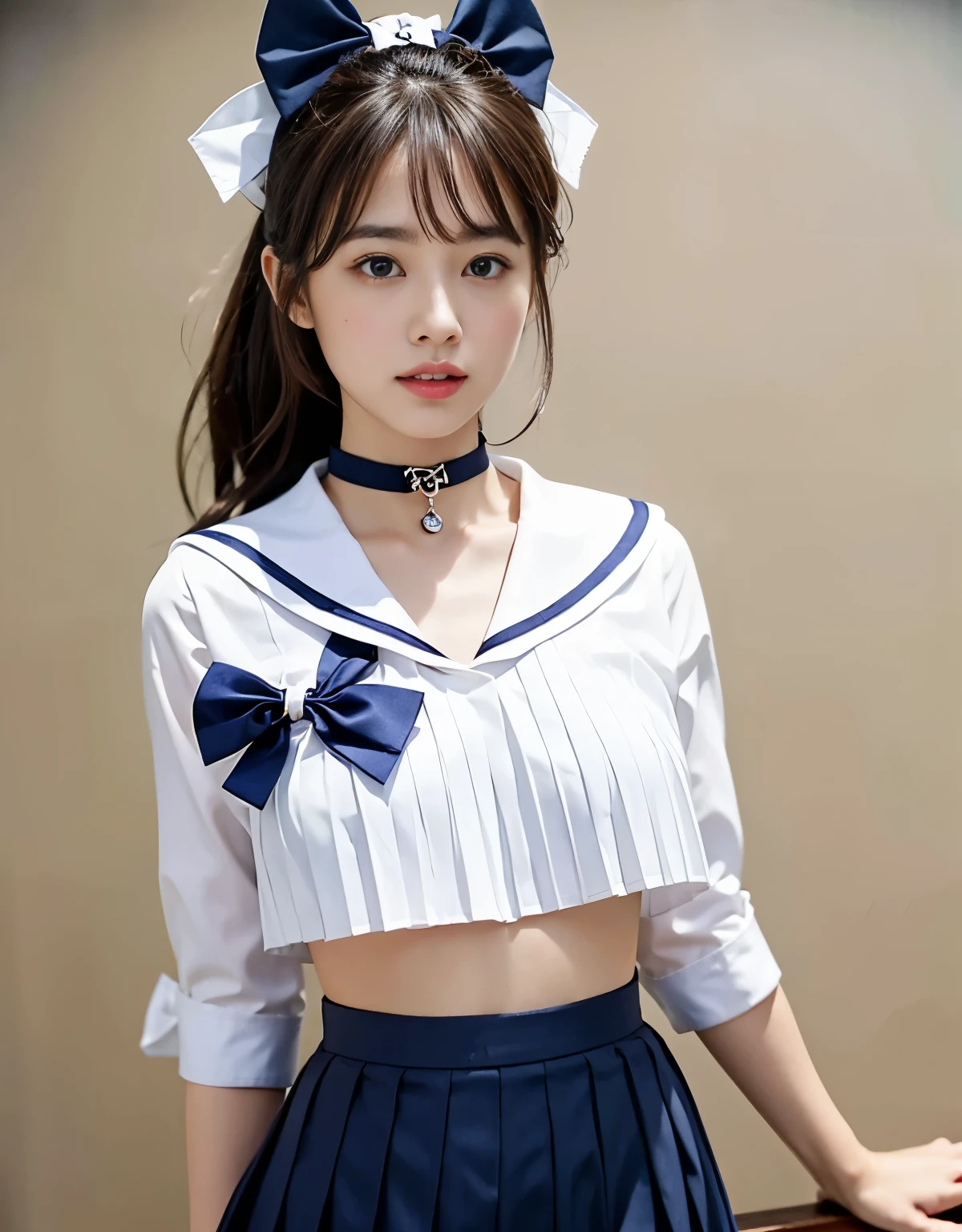 NSFW, 16k raw photos, highest quality, masterpiece, ultra high resolution, film grain, ((She is wearing (a high school sailor uniform).
(navy sailor collar:1.4),(white shirt:1.4),(navy pleats skirt:1.4),(navy bow:1.4))).film, 1 girl, look at the audience, Natural skin texture very heavy chest))),Realistic eye and face details, full lips, lipstick makeup), red eyeshadow, Fluffy ponytail hair, messy hair, A sloppy smile, beautiful legs, tall woman, skinny, slim_Legs, solo, huge breasts, cleavage, butt, shirt,, around the flower position, (detailed background,skimpy white shirt, huge breasts, cleavage, blurred background, plaid,, ((JK with a silver ribbon wrapped around her neck))),big JK ribbon, brown hair, bracelet, water, bangs, jewelry, parted lips,, Depth of bounds written、Underarm pussy、beautiful sea、water color striped pattern、beautiful sandy beach、