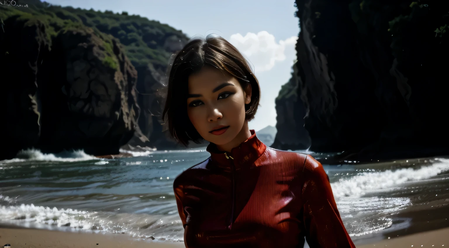 (best quality,highres:1.2), ultra-detailed, realistic, vivid colors, professional, HDR, sharp focus, beach, red dress, short hair, frontal view, detailed eyes and face, beautiful detailed lips, long eyelashes, space clothes, walking This is a high quality image，Adopt HDR technology，The details are quite good。The overall picture is very real，Very vivid colorakes you feel every element in the picture。There is a young woman named Eloisa in the picture，She wore a red dress，Cut hair short。She was wearing a space suit.，Walking on a beach。We can see that she is facing the camera.，View her entire face from the front。Her eyes are very detailed，And it&#39;s very beautiful，Her lips are just as nuanced。She also has a pair of long eyelashes，Eye-catching。The whole picture is very realistic，As if I could feel her presence。
