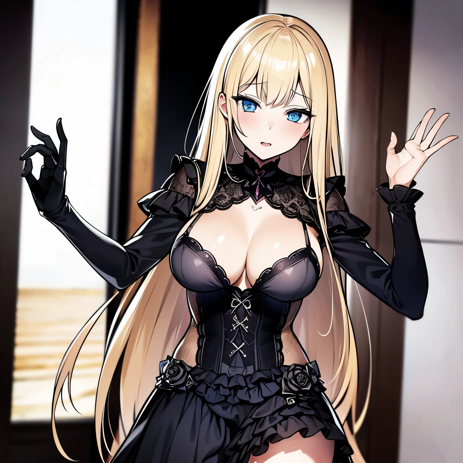 1 woman, sexy, longe blond hair, gothic clothes, Blue eyes, cute 