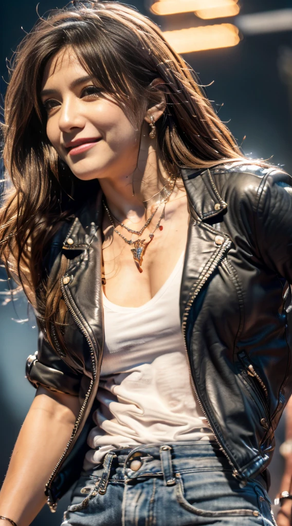 (Masterpiece:1.3, Best quality, Photorealistic, Ultra-detailed, finely detailed, high resolution, 8K wallpaper), 1 beautiful girl, Lead singer of the band group, In a leather jacket, Sing with an electric guitar, standing microphones, Mouth open, Beautiful face, Detailed face, Beautiful eyes, Detailed eyes, Smiling, Earrings, necklace, Detailed guitar, (Straight guitar neck and strings), Medium length light brown hair, be on stage, spotlight, Look at the viewer