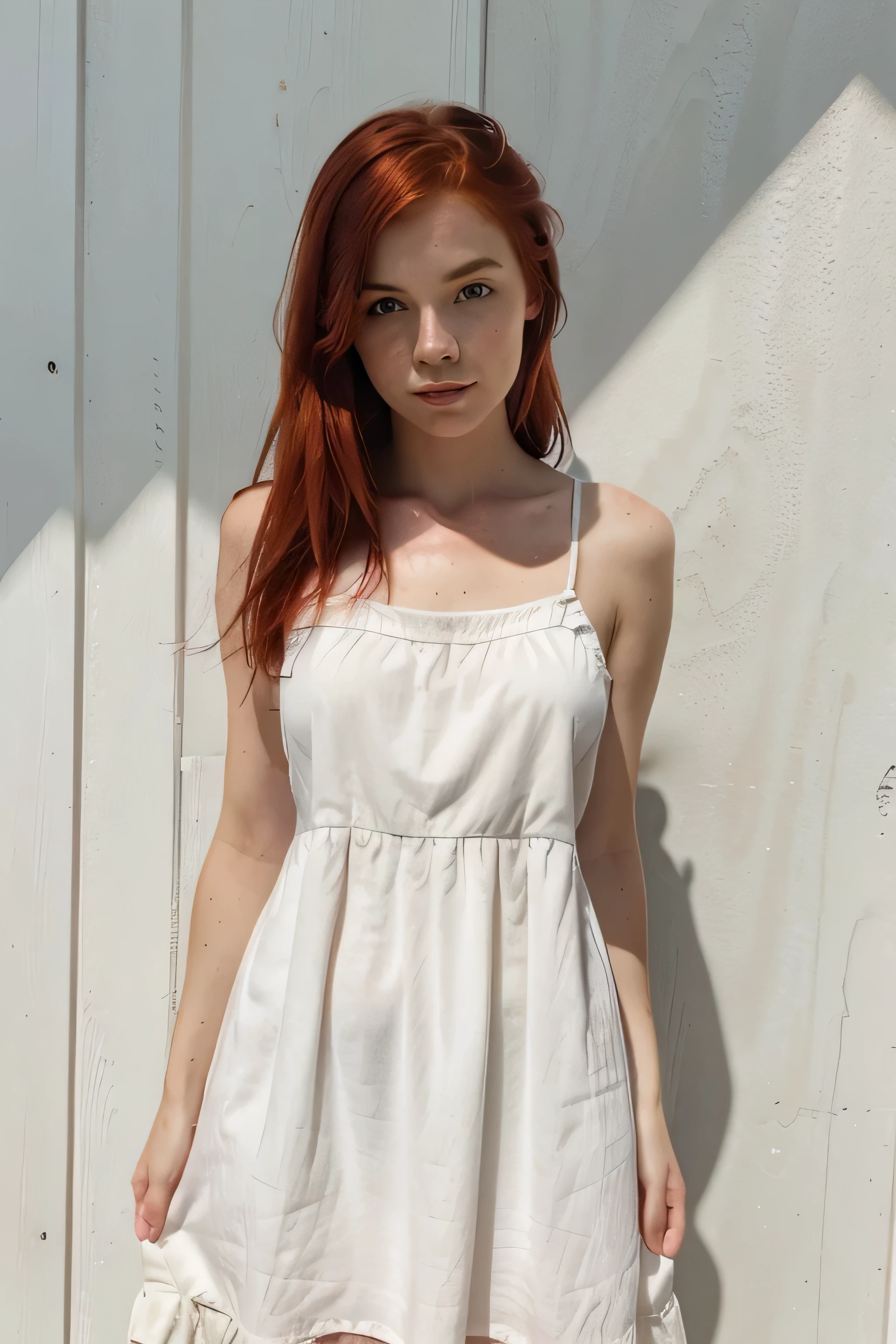 girl with red hair and white skin with freckles wearing a sundress
