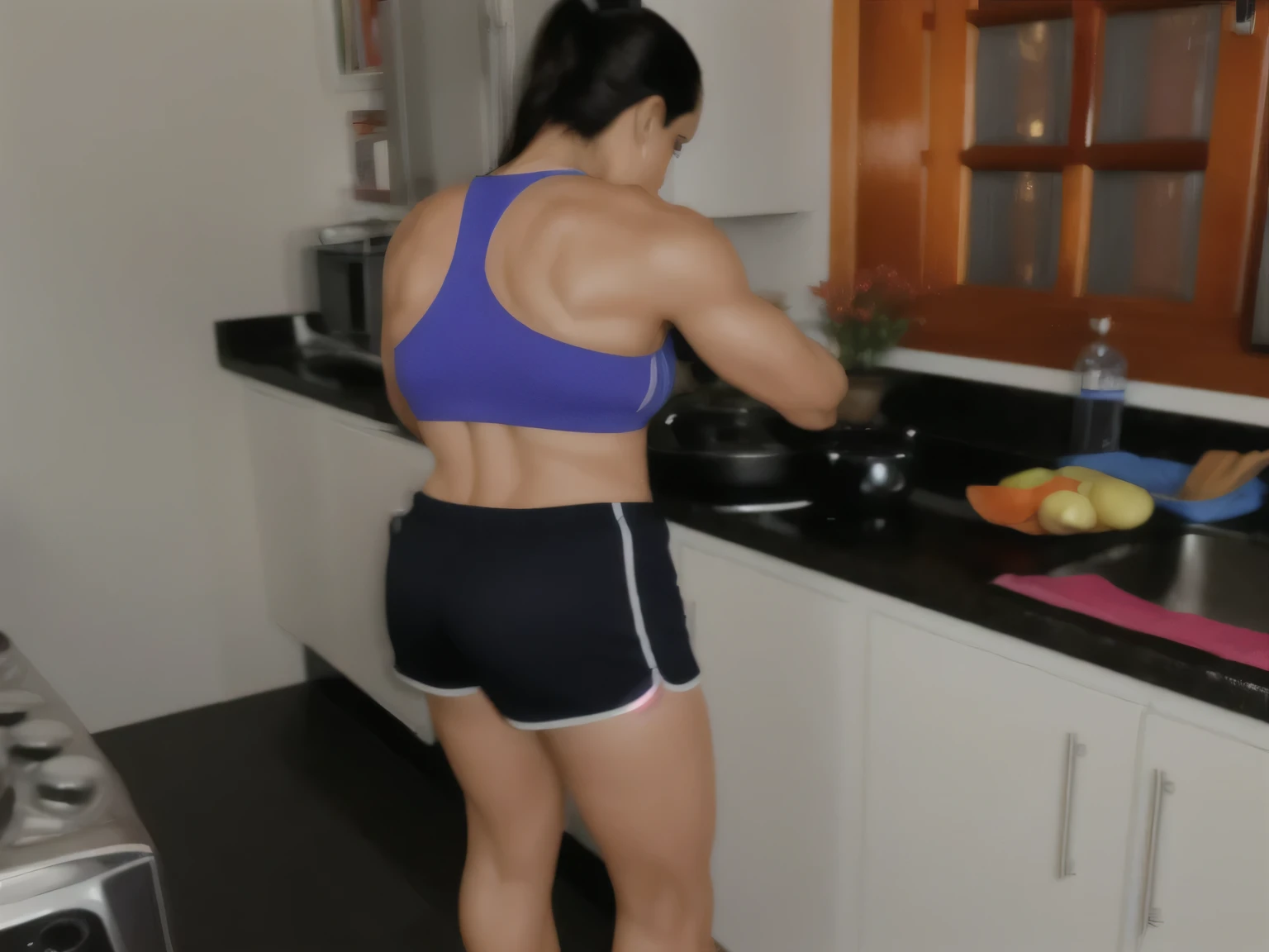 there is a woman in a blue blouse and black shorts cooking, sports bra and dark blue shorts, cooking, bra and sports shorts, in the kitchen, in shorts, side photo, cooking, rear shot, working out, the extremely hot and sexy, toned behind, fit photo, back photo, in a kitchen, seen from the back, fitness. Woman with tanned white skin and dark hair. She is about 35 years old. His slightly plump lips, his dark brown eyes. Slim body. Thin waist. Her body is perfect and her face is the definition of beauty. Highly realistic, beautiful, soft lips, pink lipstick, feeling of lightness and joy, hyperrealism, very elaborate skin, woman in good physical shape, good physical shape. Full body photo, clear photo, fitness woman, high quality, high resolution, masterpiece, 8K.