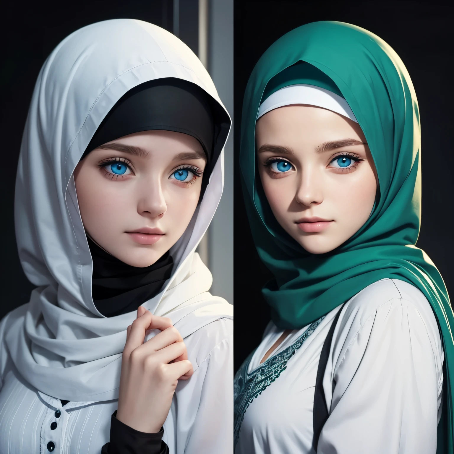 A white German Muslim girl with blue eyes and a dark green hijab