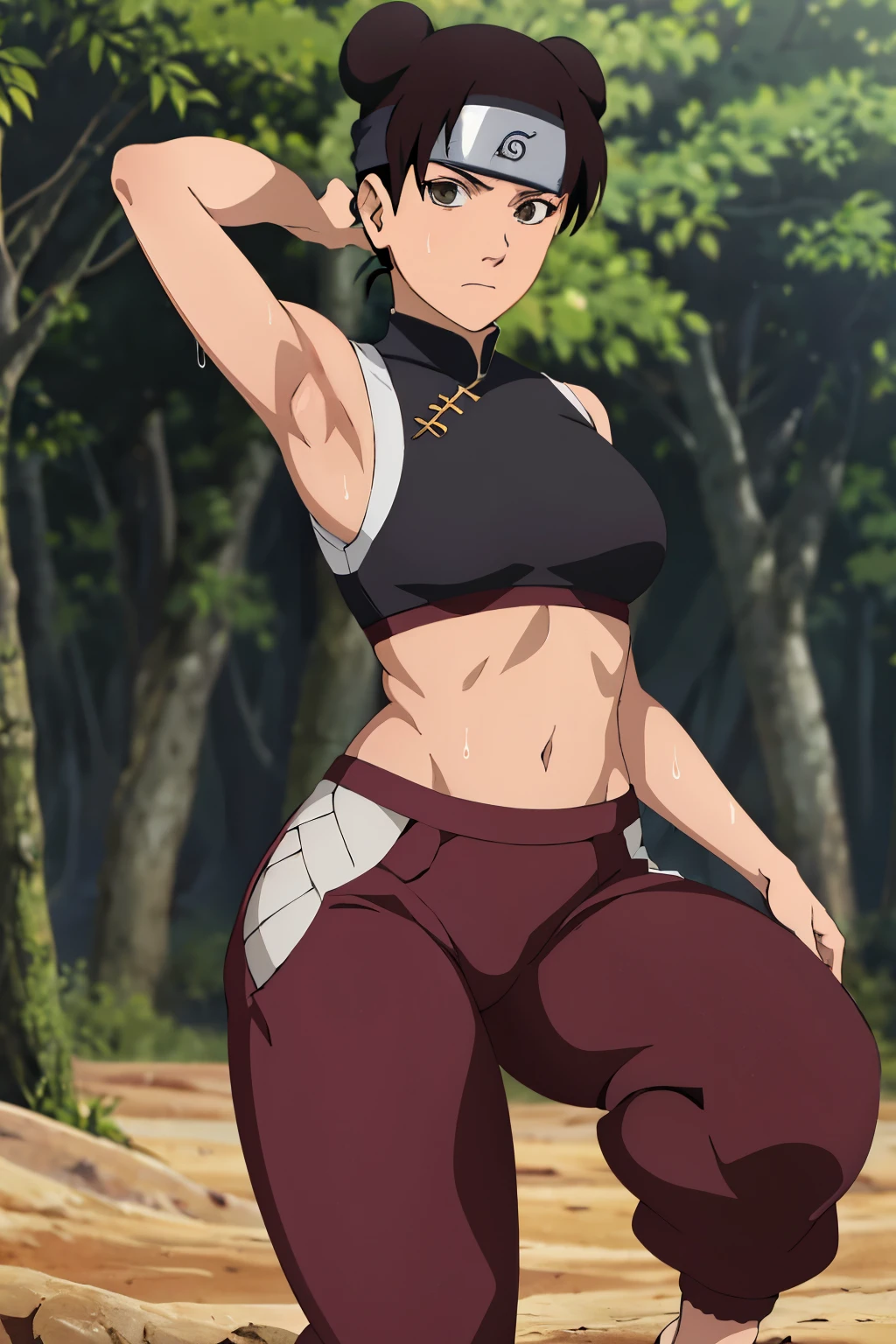 In this captivating masterpiece, Tenten from Naruto Shippuden exudes raw sensuality as she poses amidst a serene bamboo forest. Her expressive eyes lock with the viewer's gaze, drawing them in with her undeniable allure.
Her form-fitting yoga pants hug her curvaceous hips and toned legs, while her white crop top reveals her smooth, shaved armpits and teases a glimpse of her medium-sized breasts. Her forehead protector, bearing the Konohagakure symbol, is worn as a headband, accentuating her dedication to her ninja training.
As Tenten lifts her sleeveless arms, her armpits take center stage, adding an enticing element of vulnerability to her powerful stance. The intricate details of her outfit and the glistening sweat on her skin are rendered in breathtaking clarity, enhancing the overall realism of the scene.
With a slight frown creasing her brow, Tenten embodies the perfect fusion of strength, grace, and raw sexuality, captivating the viewer with her irresistible charm and leaving them spellbound by her sensual presence.