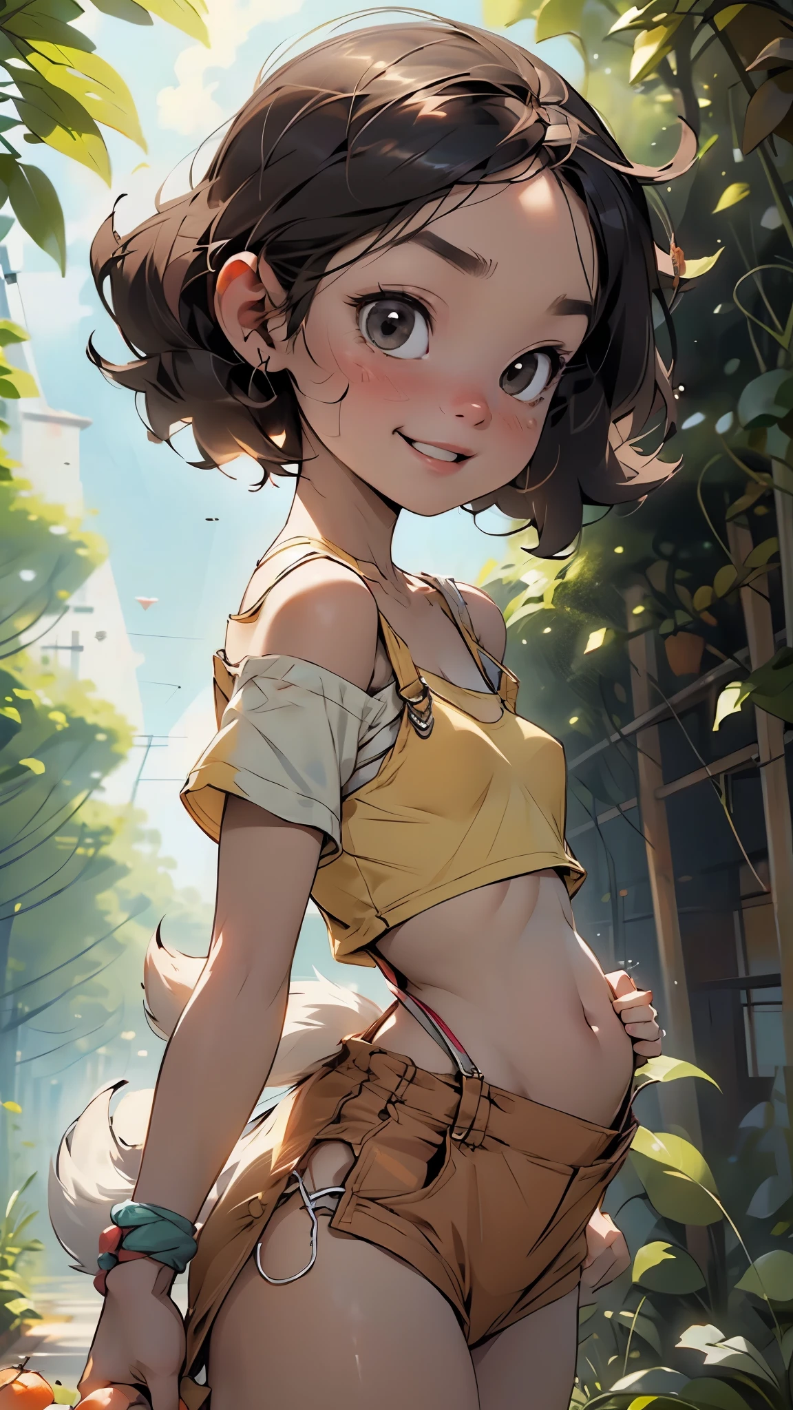 masterpiece, sunlight, mature dog girl, tail, medium breast, hot outside, farming, happy, exited, overalls, t-shirt, fruits, ,(nsfw:0.55), ((flat chested, flat stomach, baby face)), (intense colors)