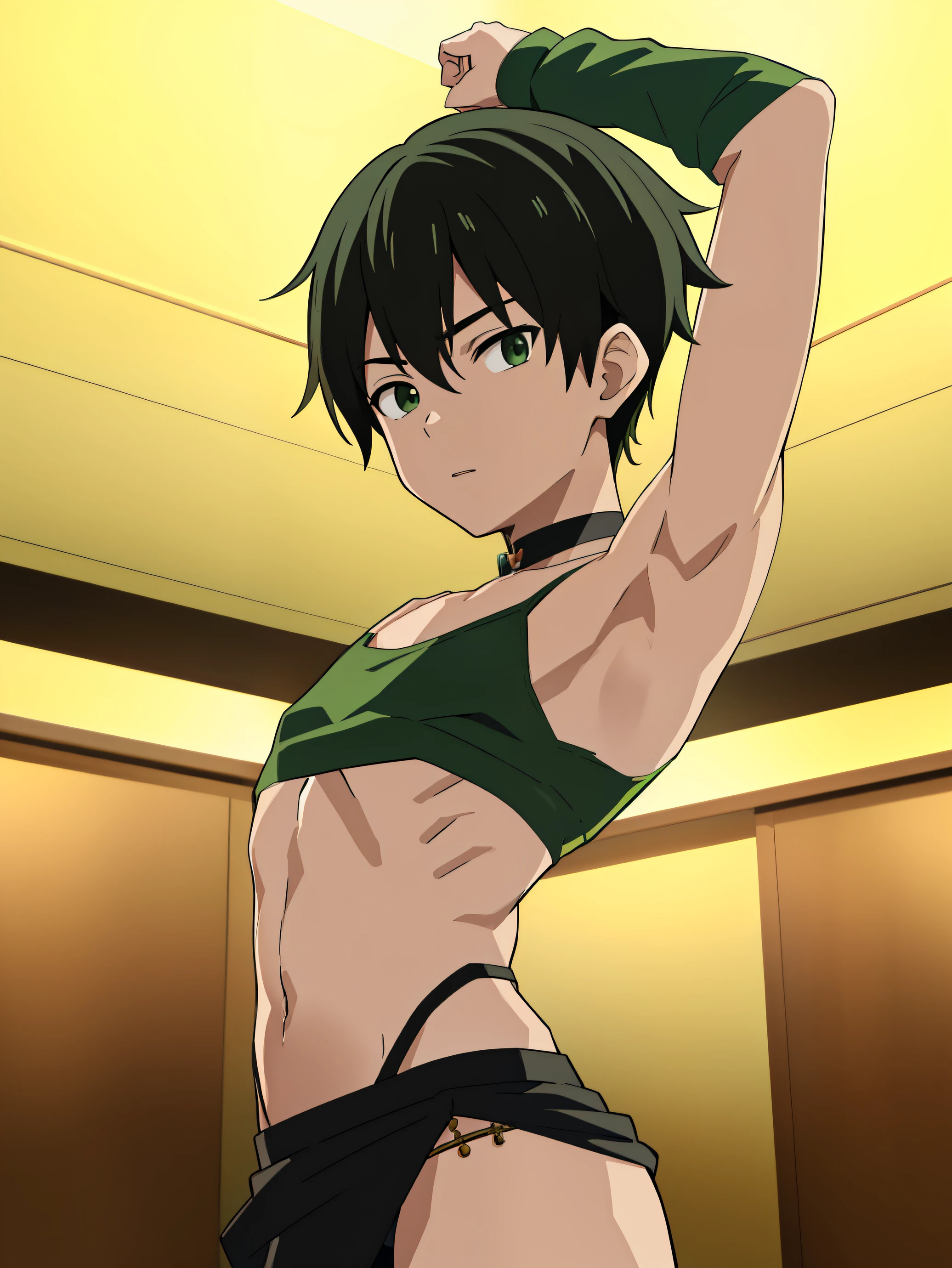 Highres, Masterpiece, Best quality at best,Best Quality,hight quality, hight detailed, Anime style, (s), (armpit), view from front, black choker, Sexy dancer,  Dancer, Green shirt, (very young boy), (very small and short body)