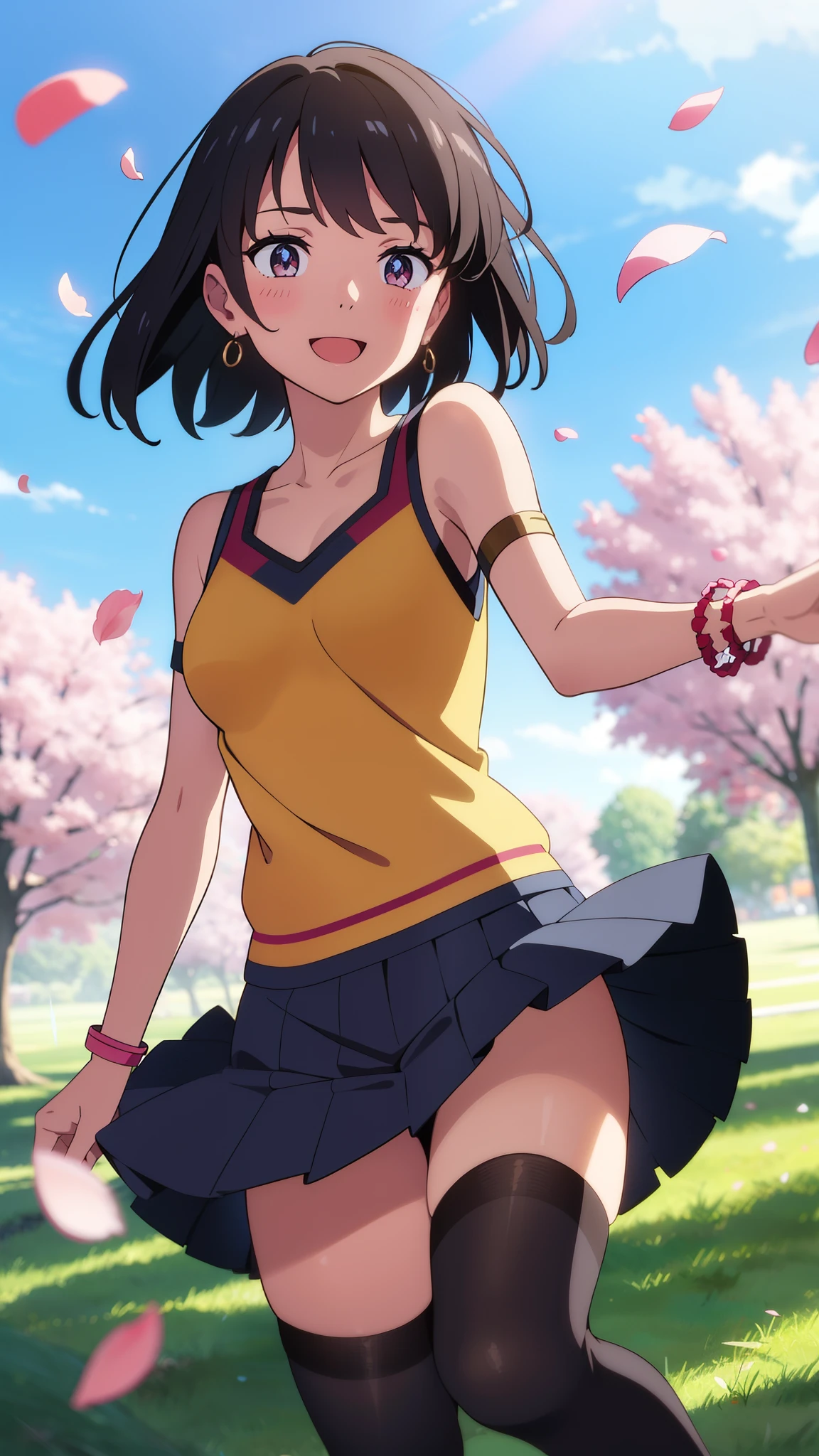 modelshoot style, masterpiece, absurdres, best quality, perfect anatomy, shinkai makoto, kimi no na wa., 1girl, bangs, black hair, brown eyes, blush, solo, idol, short hair, hair flower, ribbon, bow, standing on one leg, armlet, bracelet, arm ribbon, thighhighs, outstretched arm, petals, red headband, floating hair, dynamic pose, cinematic angle, cowboy shot, light particles, sparkle, beautiful detailed eyes, shiny skin, shiny hair, sunbeam, wide shot, depth of field, backlighting, day, beautiful clouds, gradient sky, dappled sunlight, contrail, outdoors, reflective floor, park, flowery meadow, wind, cute, smile, open mouth, :D, cheerleader, pom pom \(cheerleading\), collarbone, layered skirt, pleated skirt, short sleeves, earrings, cherry_blossoms, falling_petals, petals, branch, pink_flower, spring_season