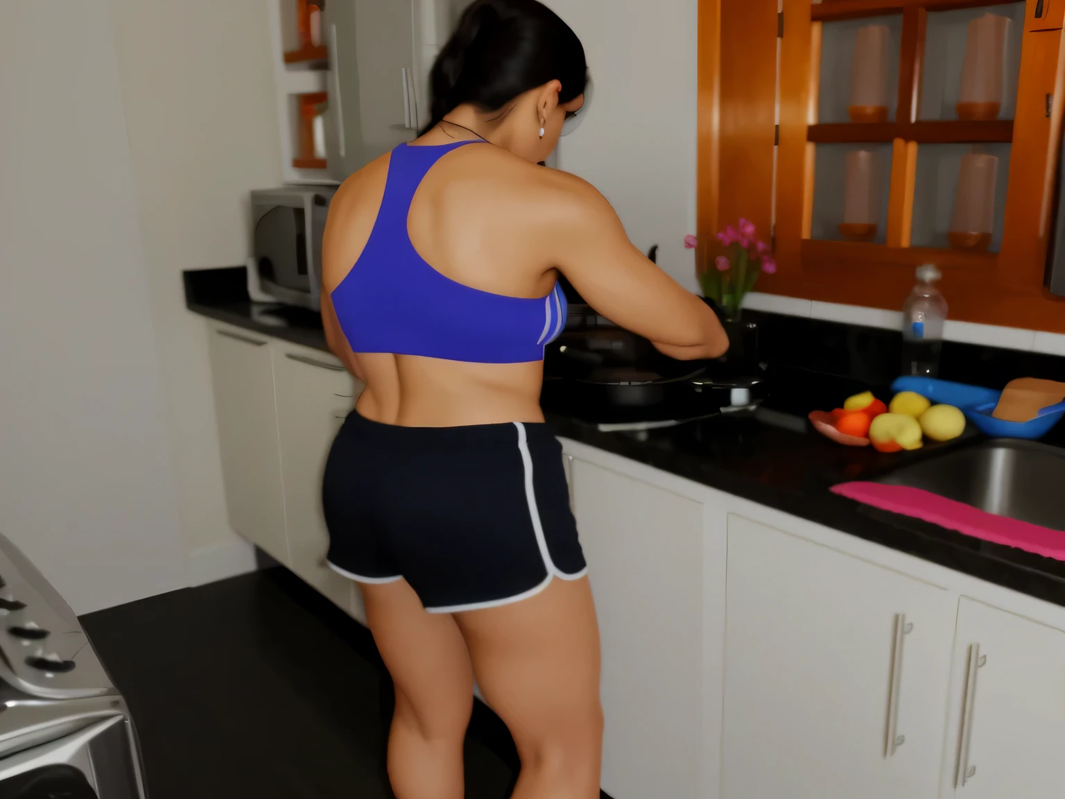 there is a woman in a blue blouse and black shorts cooking, sports bra and dark blue shorts, cooking, bra and sports shorts, in the kitchen, in shorts, side photo, cooking, rear shot, working out, the extremely hot and sexy, toned behind, fit photo, back photo, in a kitchen, seen from the back, fitness. Woman with tanned white skin and dark hair. She is about 35 years old. His slightly plump lips, his dark brown eyes. Slim body. Thin waist. Her body is perfect and her face is the definition of beauty. Highly realistic, beautiful, soft lips, pink lipstick, feeling of lightness and joy, hyperrealism, very elaborate skin, woman in good physical shape, good physical shape. Full body photo, clear photo, fitness woman, high quality, high resolution, masterpiece, 8K.