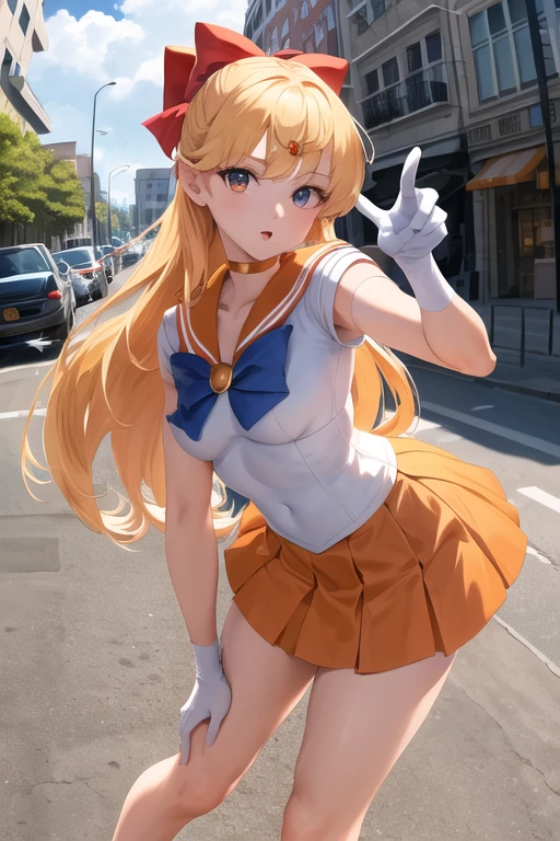 masterpiece, best quality, highres, sv1, sailor senshi uniform, elbow gloves, tiara, red bow, orange choker, orange sailor collar, white gloves, jewelry, white leotard, outdoors, street, cowboy shot, ass, from behind,