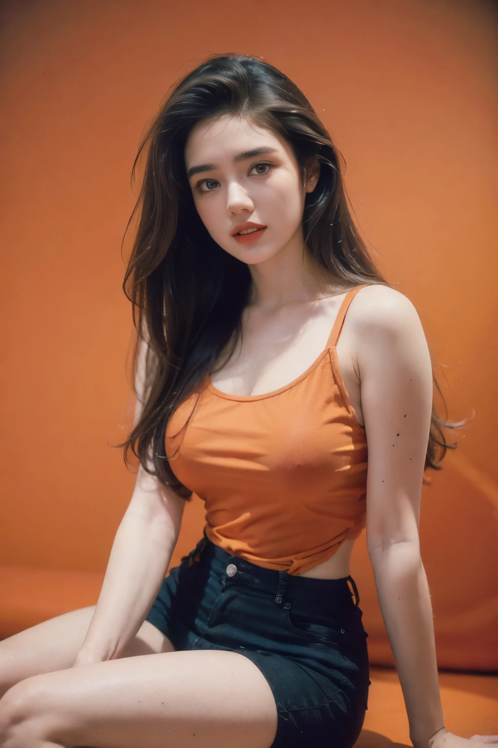 1girl,sitting,orange background,