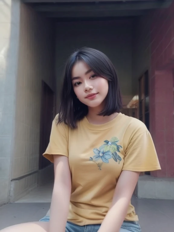 there is a woman sitting on the ground with a banana in her hand, potrait, 🤤 girl portrait, ruan cute vtuber, dang my linh, with short hair, realism artstyle, mid shot portrait, nivanh chanthara, protrait, from 8 k matte, with long hair, taken with sony alpha 9, in tshirt, beautiful face