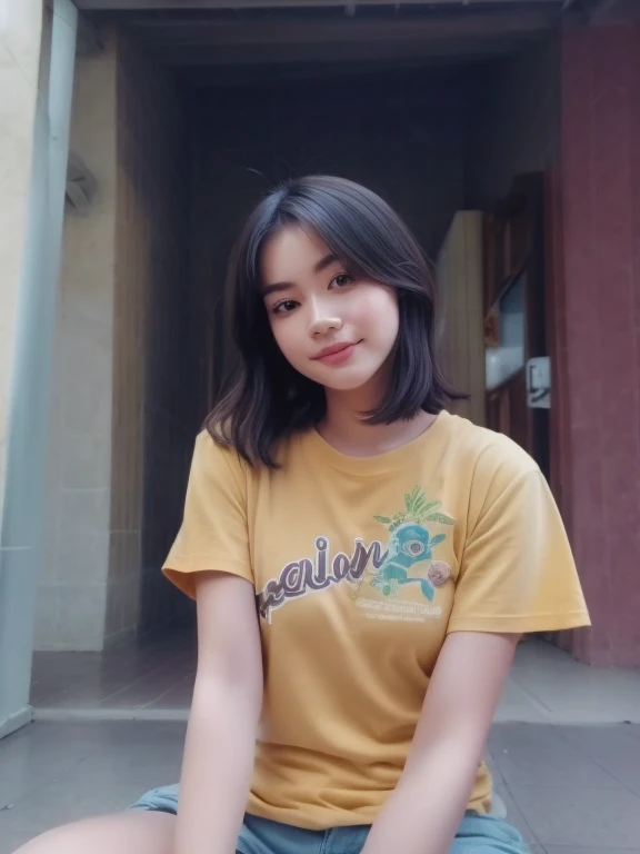 there is a woman sitting on the ground with a banana in her hand, potrait, 🤤 girl portrait, ruan cute vtuber, dang my linh, with short hair, realism artstyle, mid shot portrait, nivanh chanthara, protrait, from 8 k matte, with long hair, taken with sony alpha 9, in tshirt, beautiful face