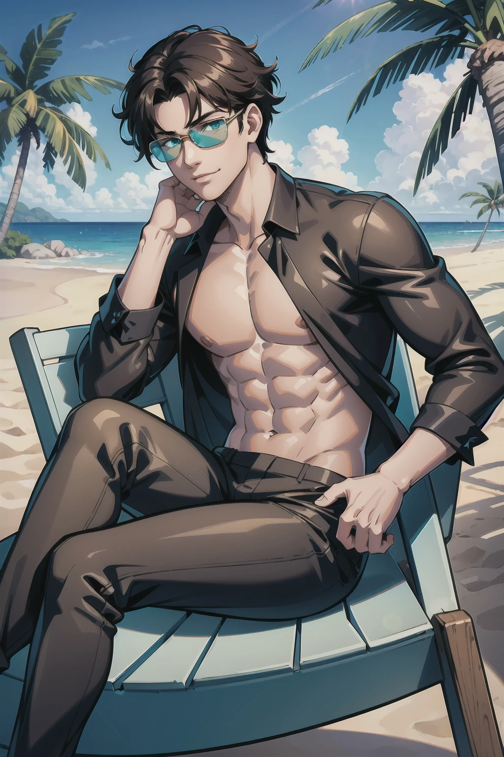 absurdres, highres, ultra detailed, HDR) master piece, best quality, extremely detailed, detailed face, detailed eyes, delicated features, Flamebringer, black hair, expressive orange eyes, Arknights, solo, sexy man, handsome, toned chest, bare chest, sensual, black horns, slightly pointed ears, black swimming trunks, sitting, island, sea, beach