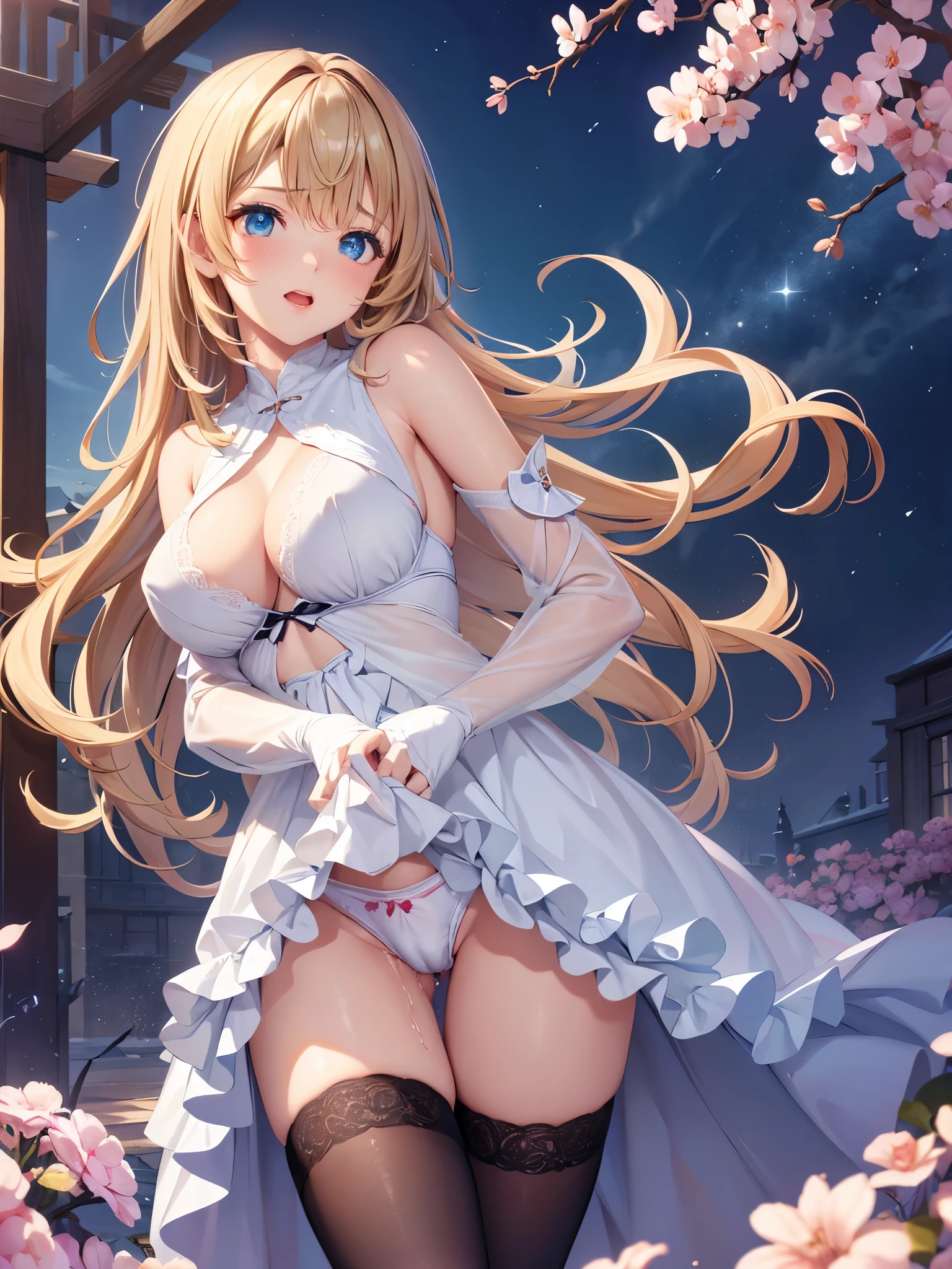 adult woman、exact number of fingers、Exact number of legs、Exact number of arms、bangs, , blonde, , fingering, (pussy juice:1.2), blue bra、high socks、, (Underwear with elaborate and luxurious decorations:1.3), sexy underwear, Thighhighs、 beautiful big breasts, (erect nipples:1), highest quality, High resolution, (fine and beautiful eyes:1.6), highly detailed face, perfect lighting, Very detailed CG, (perfect hands, perfect anatomy),embarrassed look、sexy look、mouth half open、whole body