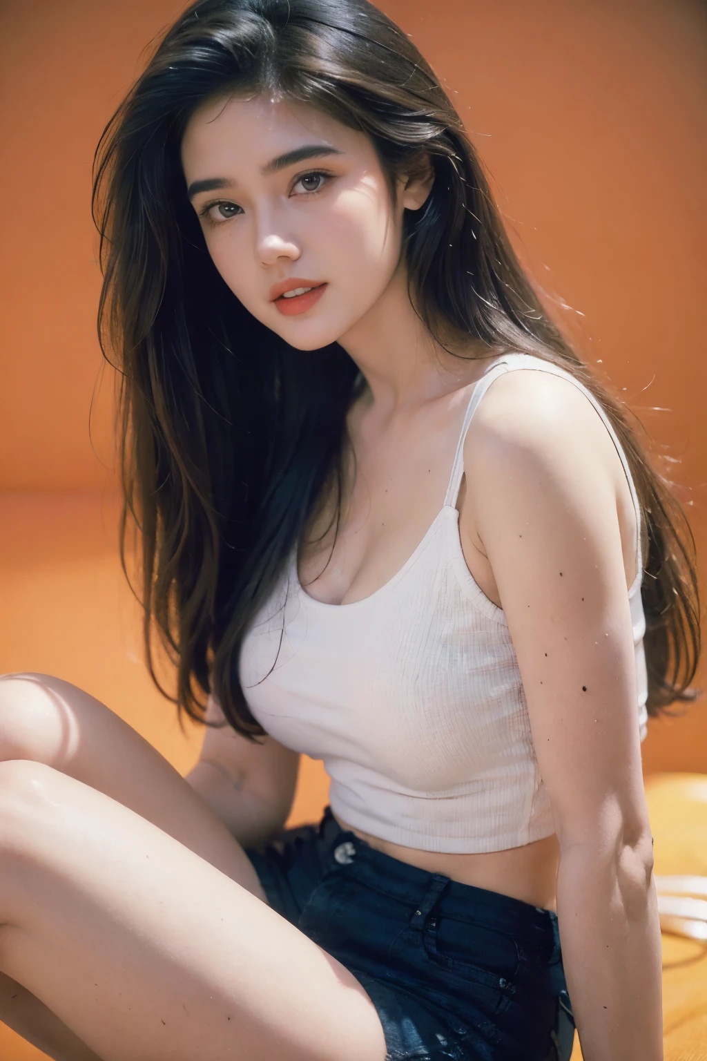 1girl,sitting,orange background,