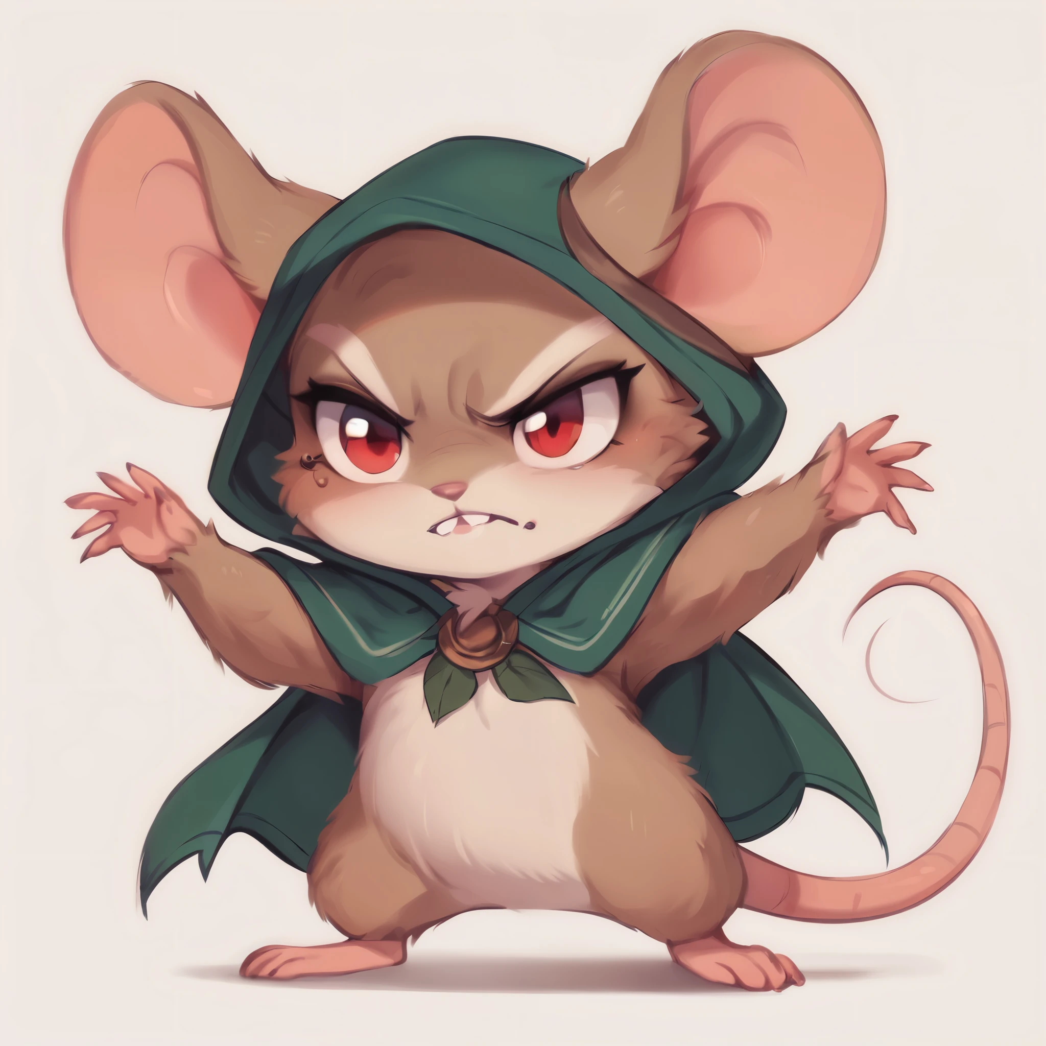 score_9, score_8_up, score_7_up, score_6_up, score_5_up, score_4_up, show accurate, full body, hungry body, simple background, (solo), (semi anthro), mouse, female mouse, fur body, ultra fine fur, standing, red eyes, ((light brown dull fur)), determined look, hairless, bald, green color open cape, hood on,