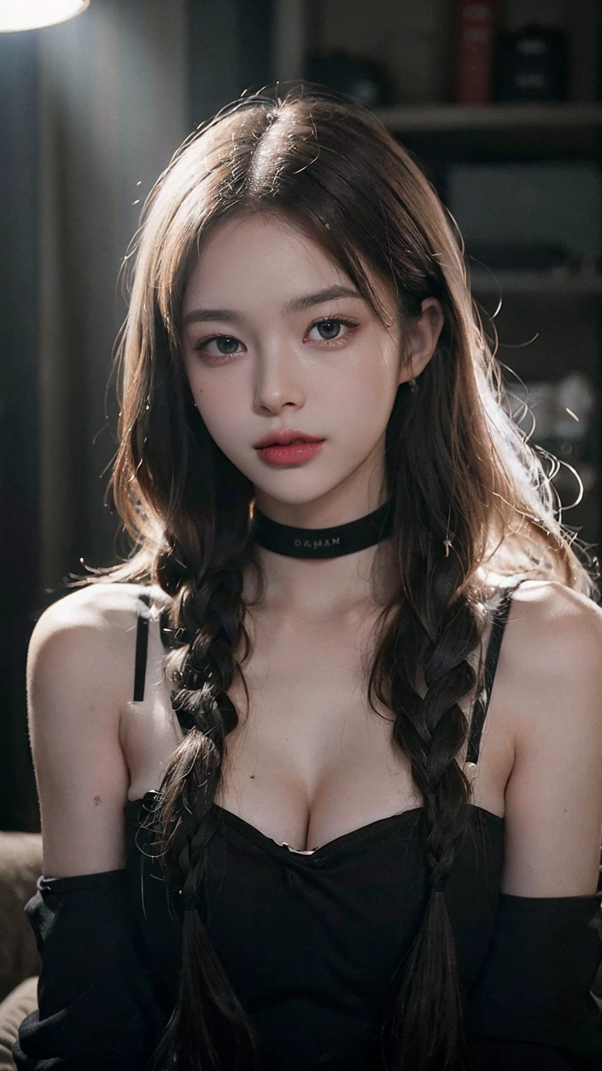 (RAW photo, best quality), ((Nostalgia,1980s syle)),(A girl with a literary atmosphere:1.2),(realistic, photo-realistic:1.3), (long wavy hair with braid), choker,very pale skin,Ultra Detailed Face, Detailed Lips, black lipstick, Fine Eyes, double eyelids, tight goth clothes, extremely delicate and beautiful, Amazing, finely detail, masterpiece, ultra-detailed, highres,best illustration, best shadow,intricate,depth of field,(closeup portrait of a young beautiful woman:1.2),long hair, ponytail, messy hair,((((low key,dark scene,dimly lit)))),(((soft lighting:1.4))),(pale skin:1.4),(shy smile),(cinematic angle),sharp focus, volumetric fog, 8k UHD, DSLR, high quality,( film grain:1.4), Fujifilm XT3,(looking at viewer), pale skin