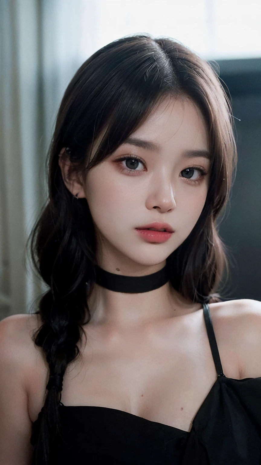 (RAW photo, best quality), ((Nostalgia,1980s syle)),(A girl with a literary atmosphere:1.2),(realistic, photo-realistic:1.3), (long wavy hair with braid), choker,very pale skin,Ultra Detailed Face, Detailed Lips, black lipstick, Fine Eyes, double eyelids, tight goth clothes, extremely delicate and beautiful, Amazing, finely detail, masterpiece, ultra-detailed, highres,best illustration, best shadow,intricate,depth of field,(closeup portrait of a young beautiful woman:1.2),long hair, ponytail, messy hair,((((low key,dark scene,dimly lit)))),(((soft lighting:1.4))),(pale skin:1.4),(shy smile),(cinematic angle),sharp focus, volumetric fog, 8k UHD, DSLR, high quality,( film grain:1.4), Fujifilm XT3,(looking at viewer), pale skin