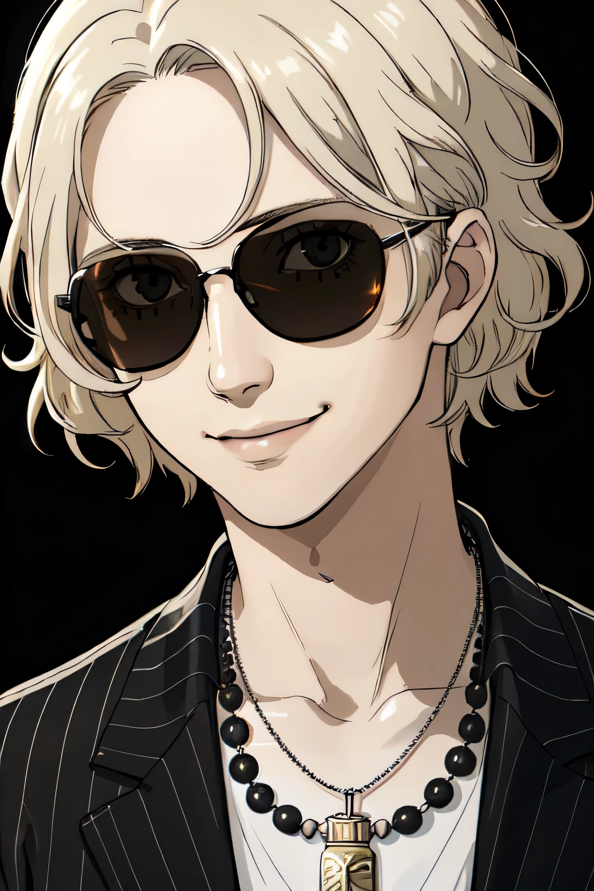 "(best quality, high resolution), man, alone, straight blonde hair with black roots in the middle parting, short hair, black and blonde hair, hair curly, brown eyes, smiling, sunglasses on his head, bracelets, white striped shirt, necklace with silver sun pendant, hair black highlights, portrait, studio lighting, surrealistic, black hair blonde stripes"