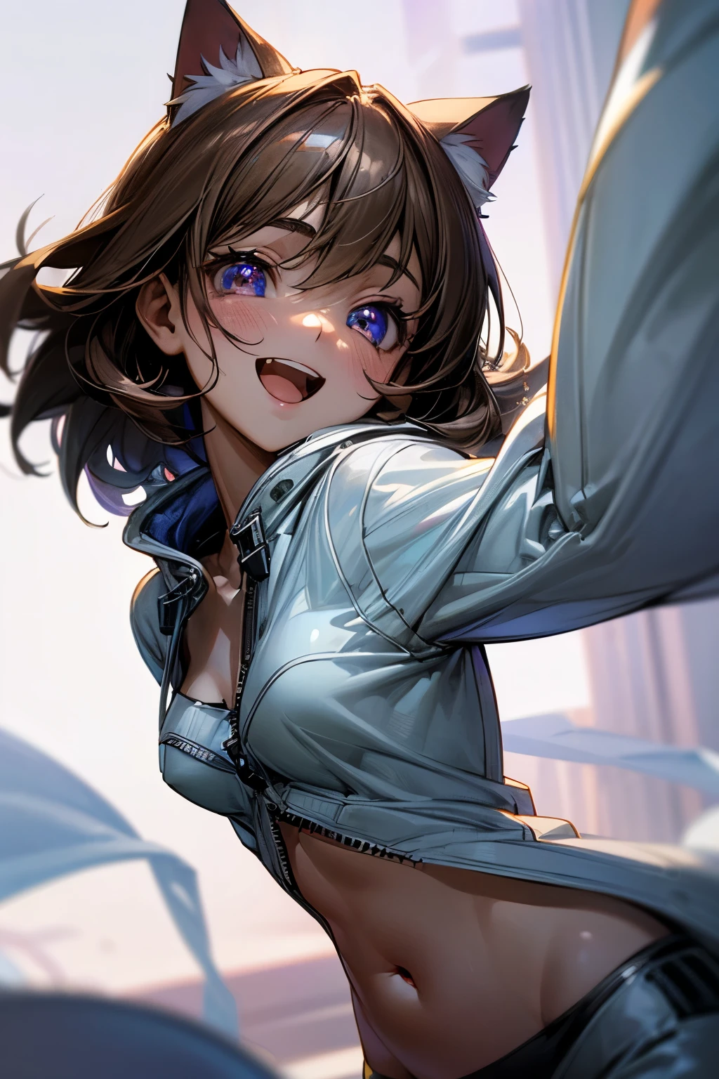 ((Masterpiece)), (Anime:1.3), ((best quality)), (RAW photo: 1.2), (High Definition:1.3), (Professional Photography:1.2), (hard lighting:1.5), (closeup face), Textured skin, cinematic lighting, (12 years old), 1girl, (Cute teenage beautiful Girl), violet eyes, (Beautiful daiamond eyes:1.5),BREAK, ((best quality)), Cat ears, Pale brown hair, unruly hair, medium hair, (innocent smile:1.4), Open mouth wide, Glossy lips, BREAK, ((pure white hoodie)), zipper, ((slightly exposed stomach)), Slender body, slightly exposed small breasts, sweaty, Beautiful small breasts, (kawaii posing:1.4), Slum townscape,