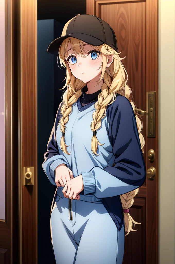 the beautiful young woman standing next to a door wearing a vr suit, 1girl, solo, braid, , blue eyes, twin braids, blonde hair, hat, long hair, sweater, black headwear, long sleeves, baseball cap, blush