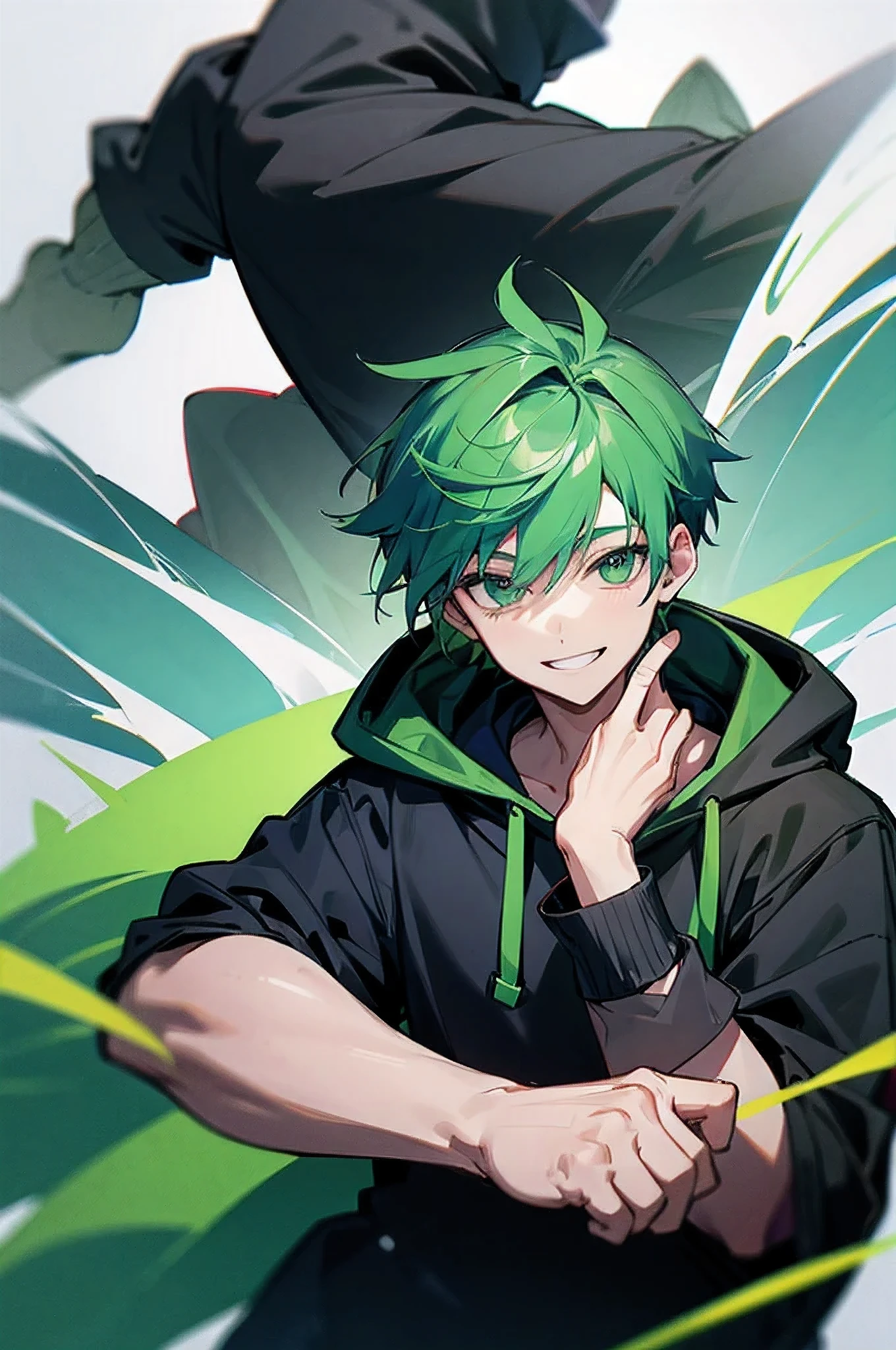 youtuber　green hair　boy　black hoodie　smile