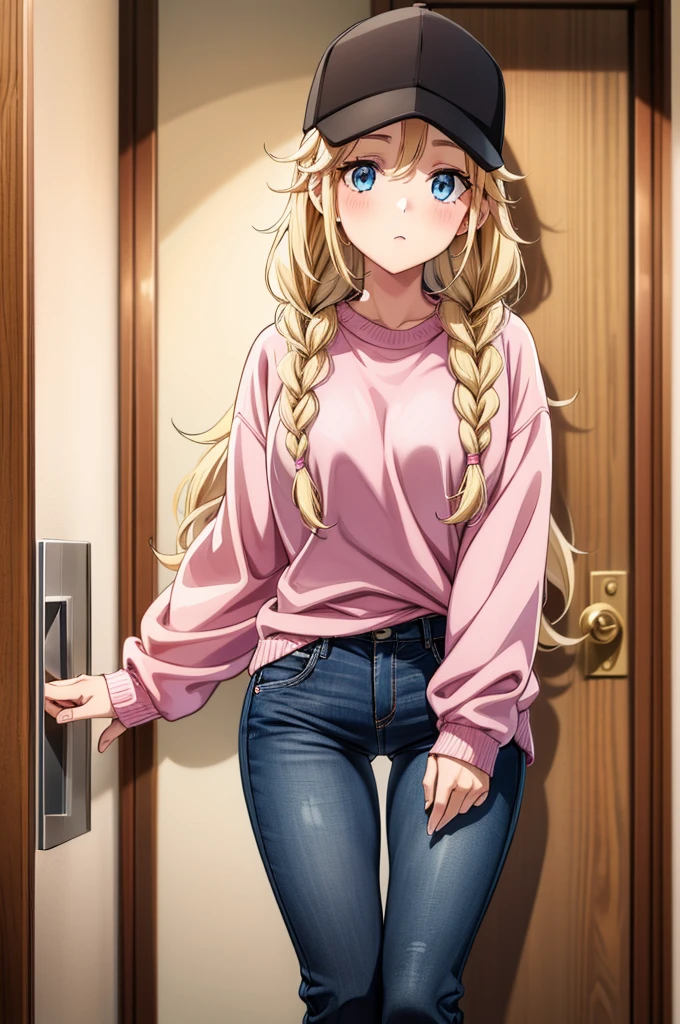 a very attractive young female in pink sweater with a baseball cap on, 1girl, door, solo, twin braids, blue eyes, blonde hair, hat, braid, doorway, pants, open door, sweater, denim, looking at viewer, baseball cap, long hair, blush, black headwear, pink sweater, thigh gap, long sleeves