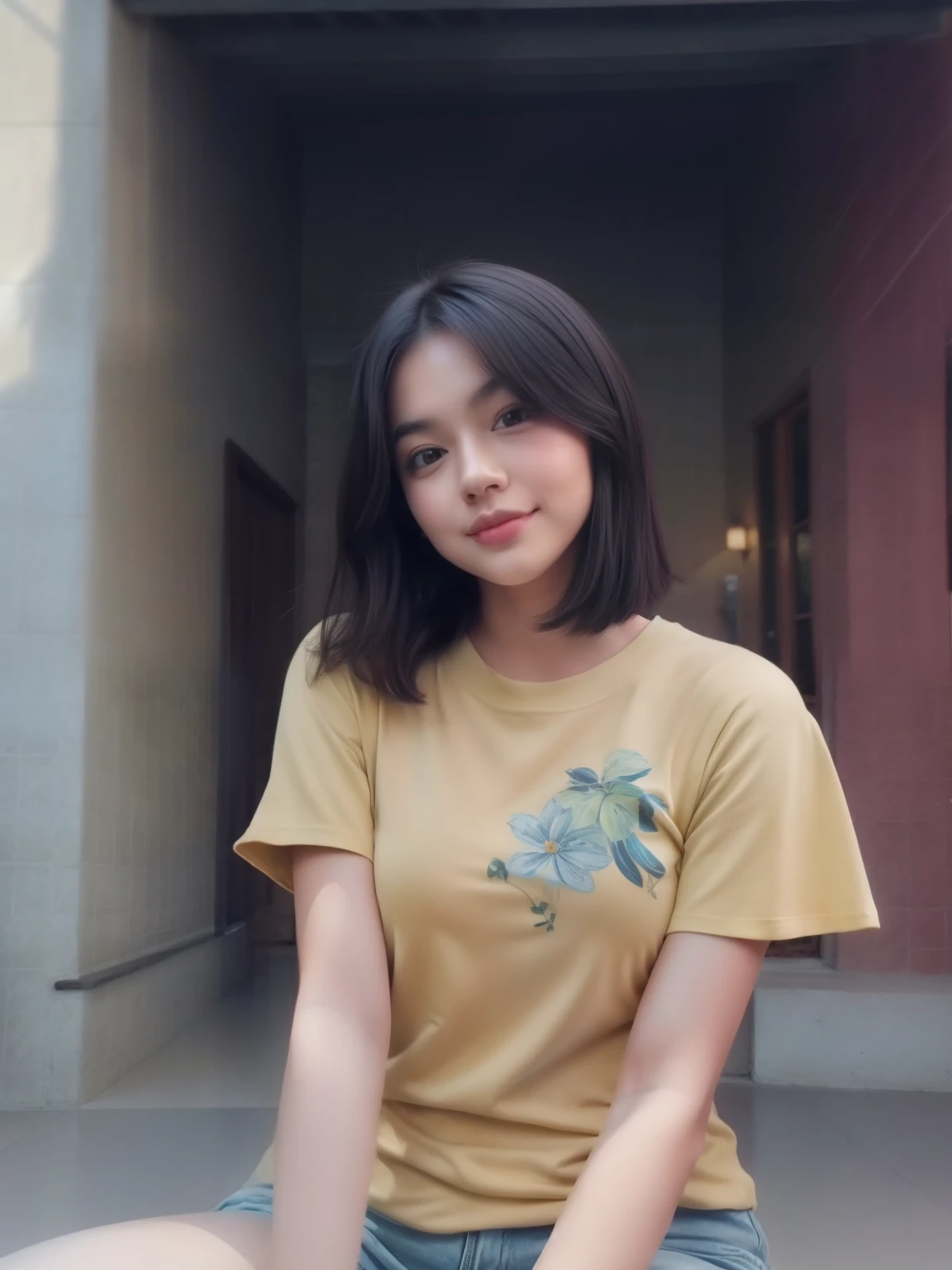 there is a woman sitting on the ground with a banana in her hand, potrait, 🤤 girl portrait, ruan cute vtuber, dang my linh, with short hair, realism artstyle, mid shot portrait, nivanh chanthara, protrait, from 8 k matte, with long hair, taken with sony alpha 9, in tshirt, beautiful face