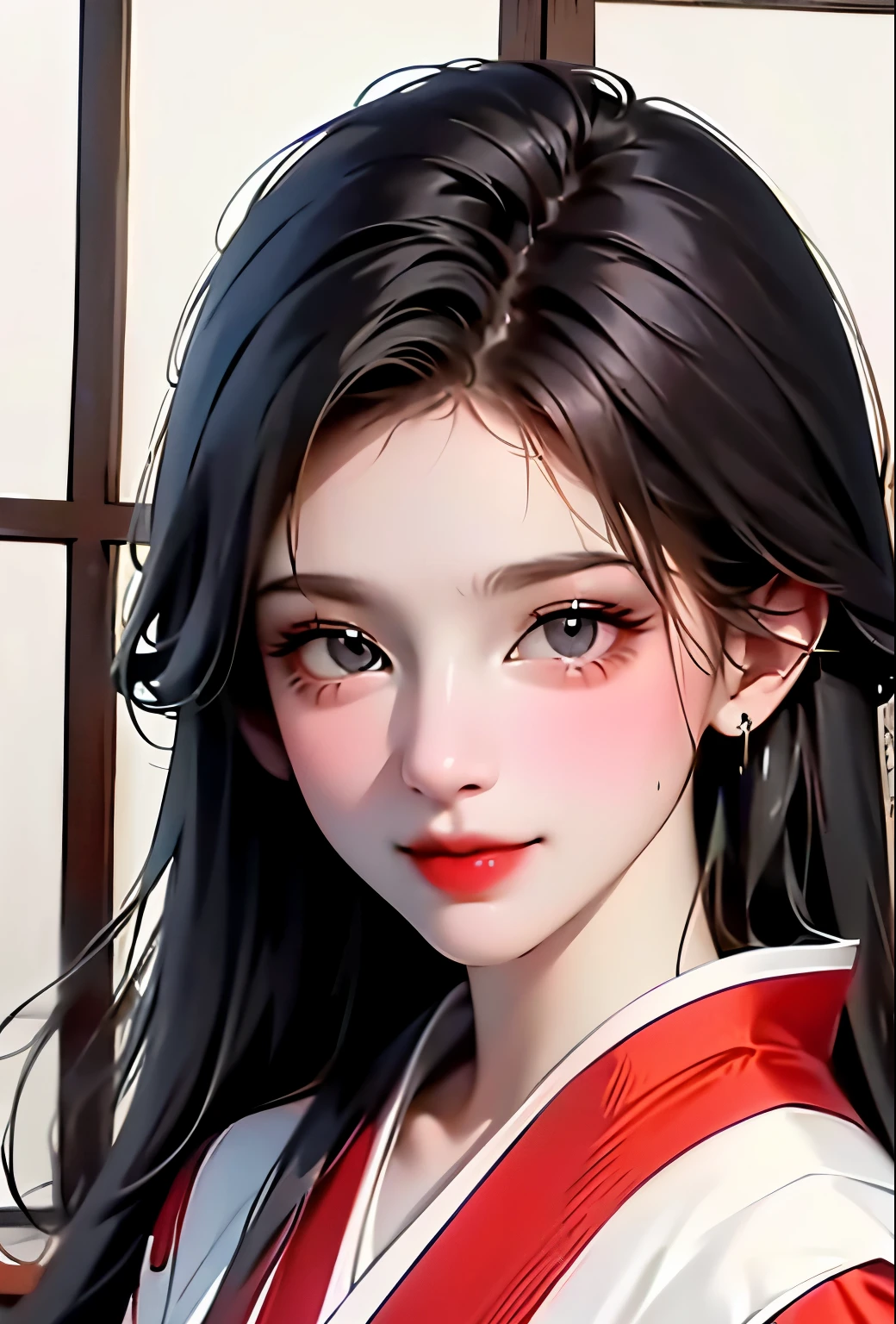 white background,masterpiece,highest quality,disorganized,original,very delicate and beautiful,Beautifully detailed eyes and face,1 girl, black hair, kimono, looking at the viewer, alone, (shiny skin),(masterpiece:1.4),(highest quality:1.4),realistic,robber girl,mature woman,mature woman,smile,closed mouth