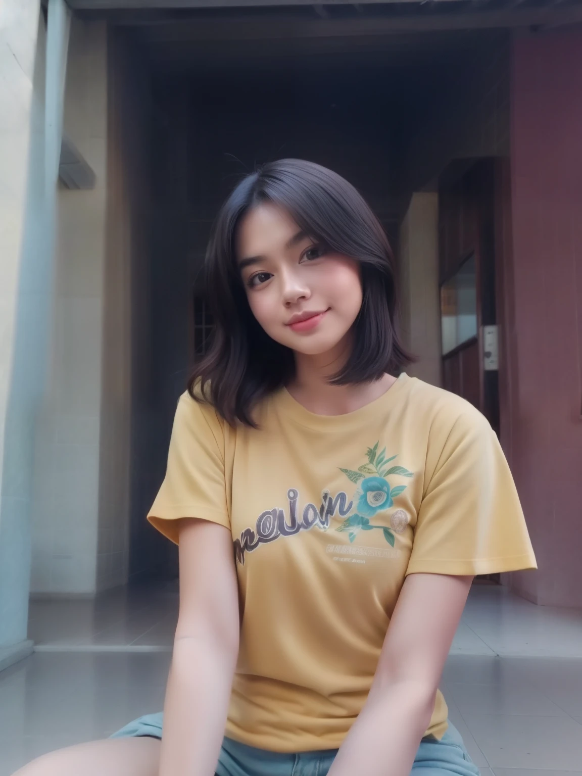 there is a woman sitting on the ground with a banana in her hand, potrait, 🤤 girl portrait, ruan cute vtuber, dang my linh, with short hair, realism artstyle, mid shot portrait, nivanh chanthara, protrait, from 8 k matte, with long hair, taken with sony alpha 9, in tshirt, beautiful face