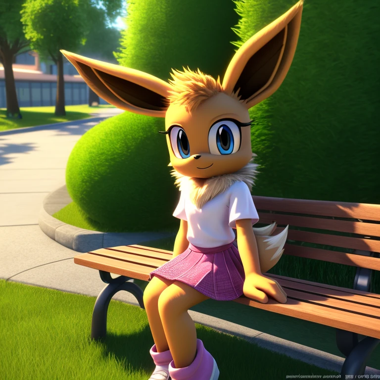 ((smooth textures)), ((clear textures)), ((Highly detailed)), ((studio quality)), ((masterpiece)), ((4k)), ((8k uhd)), Mobian (Eevee), public park, bench, sitting, pink skirt, white shirt