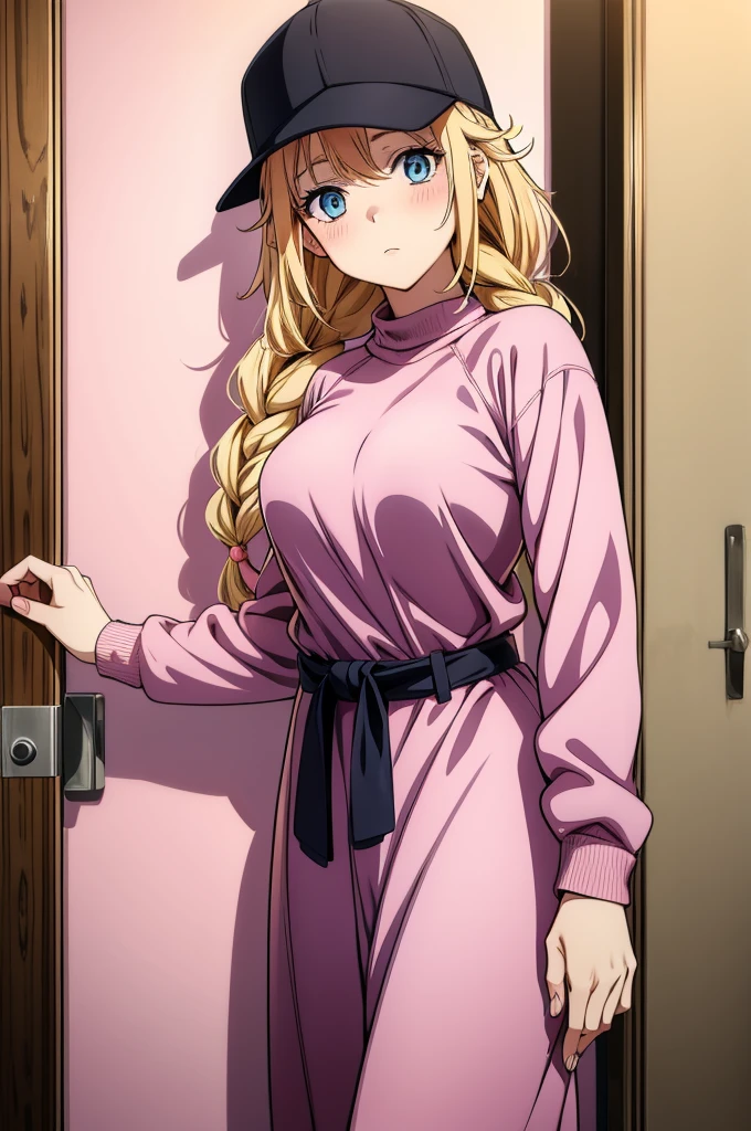 an anime cartoon woman dressed in pink clothing posing near a door, with the door being open a bit, 1girl, solo, blonde hair, blue eyes, hat, braid, looking at viewer, baseball cap, sweater, blush, long hair, door, belt, breasts, dress, black belt, long sleeves, black headwear