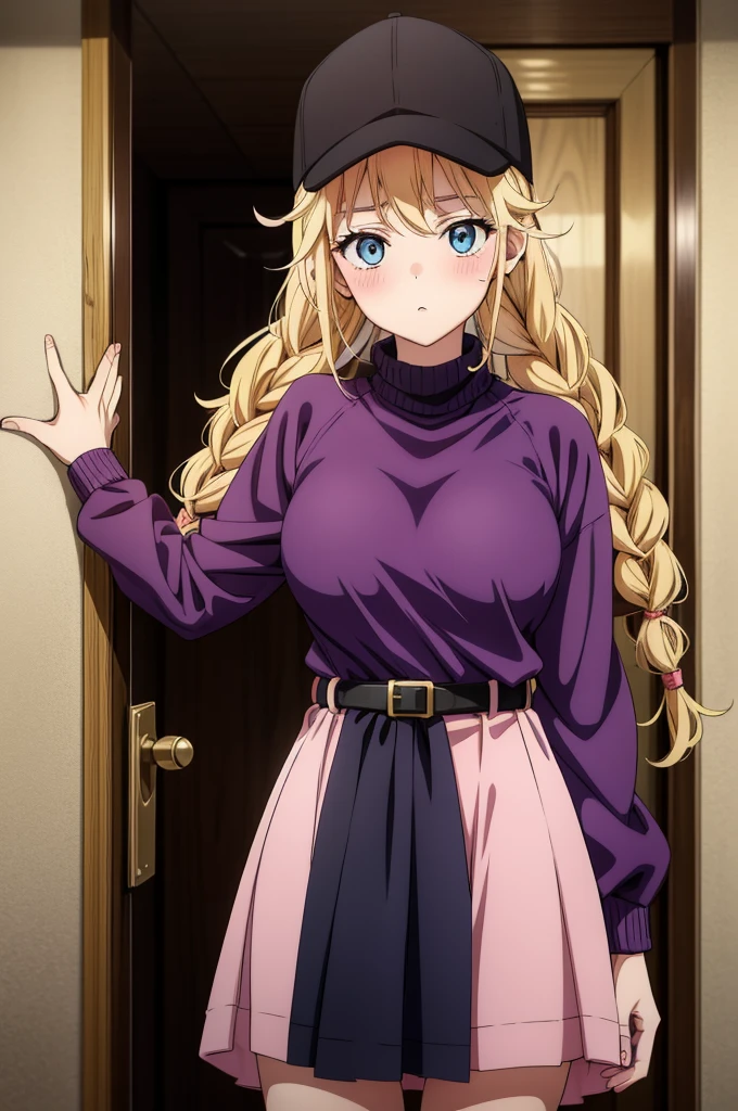 an anime cartoon woman dressed in pink clothing posing near a door, with the door being open a bit, 1girl, solo, blonde hair, blue eyes, hat, braid, looking at viewer, baseball cap, sweater, blush, long hair, door, belt, breasts, dress, black belt, long sleeves, black headwear