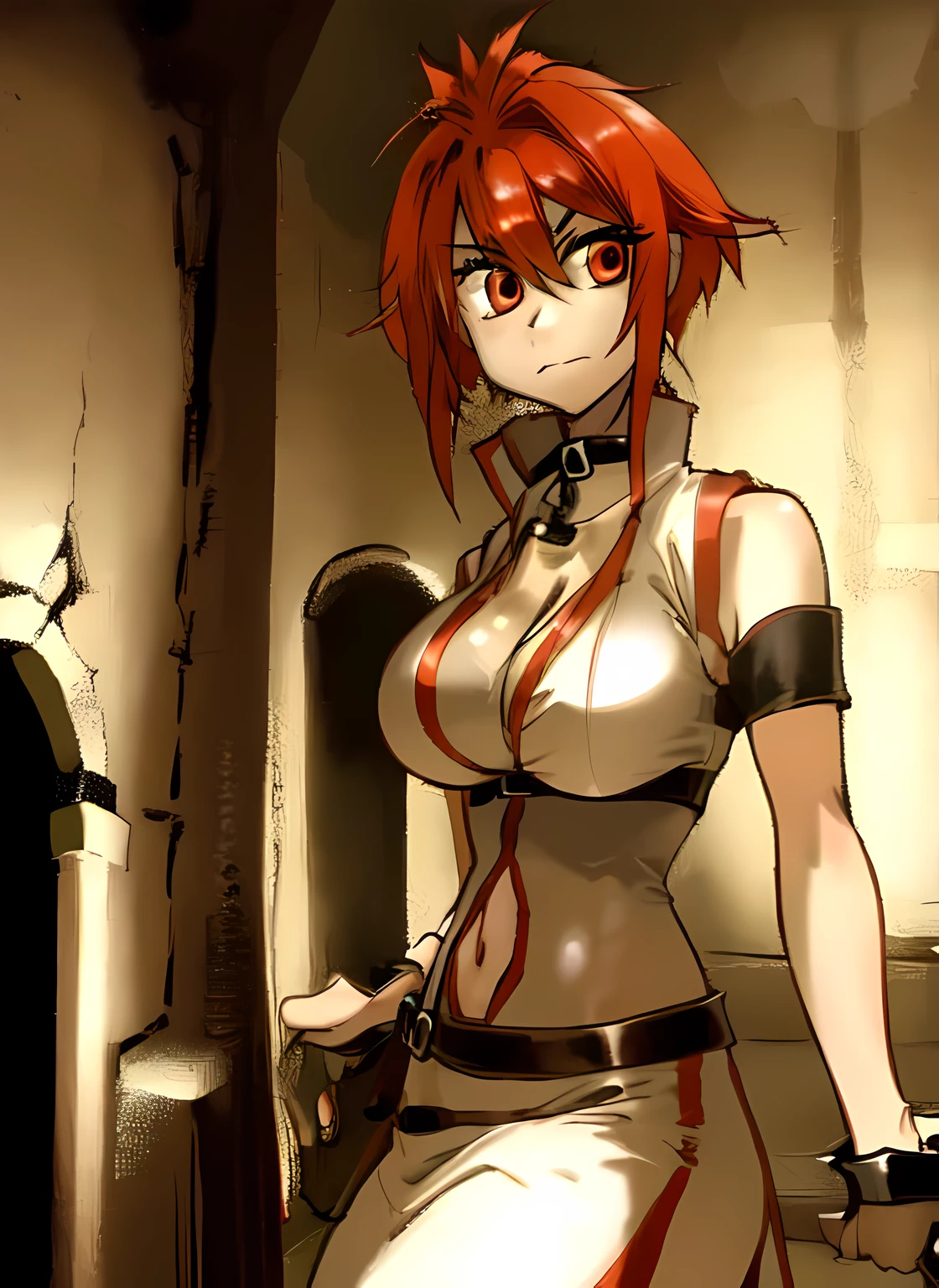 1girl, [vesta_harem], BREAK (dual_wielding:1.2) AND (huge_sword:1.2) AND holding_sword, [red eyes], [red_hair : red hair : 38], [[[large breasts]] : BREAK (large breasts) : 38], (white_dress), sleeveless, cleavage, navel, [[[short_dress]]], side_slit, red_trim, red_pants, oversized_belt, armband, [[vesta_harem AND spiked_arm]], masterpiece, highres, (dungeon:1.6), (hallway:1.4), stone, [[candle]], shikidouji, dark, cold, (night:1.6), candlelight