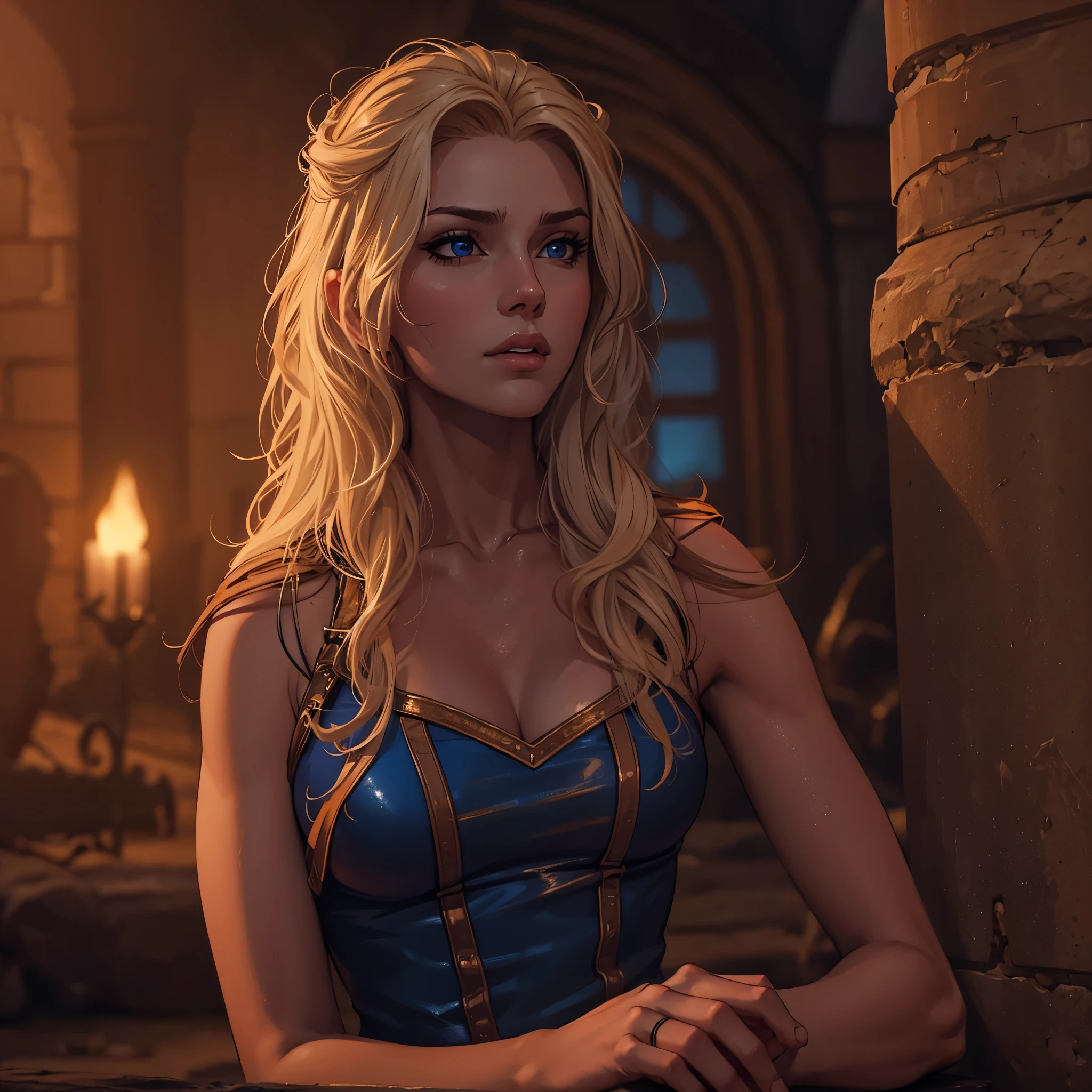 Masterpiece, one beautiful young sixteen years Sweden blonde woman, perfection, wavy blond hair, warrior, fit, (leather:1.2) sexy badass clothes, in a sand arena BREAK full body painting with orange and blue pint, BREAK dynamic lighting, night time, medieval fantasy setting, cinematic shot