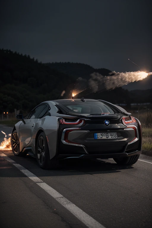 BMW i8 full carbon at high speed with trail of fire coming from the tires behind full HD
